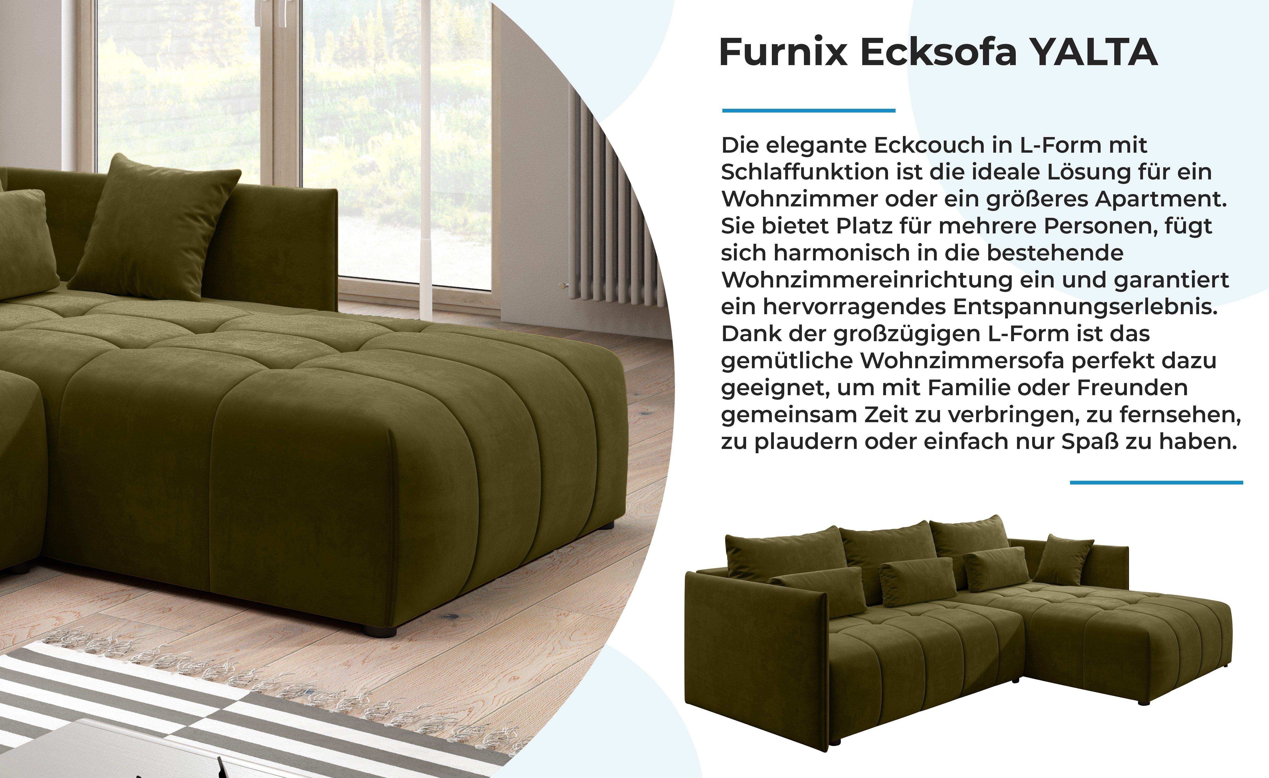 Couch MH38 Europe mit Kissen, Furnix und Made Bettkasten YALTA Schlafsofa in Grün ausziehbar Ecksofa Moos