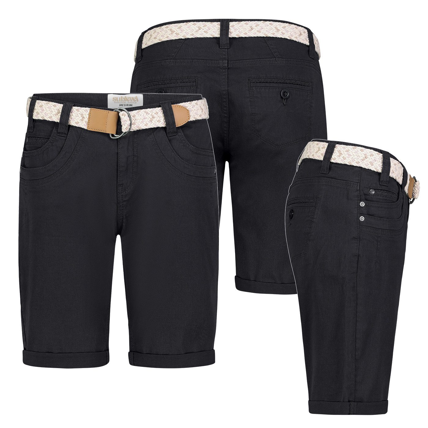 SUBLEVEL Bermudas Damen Short Bermuda kurze Hose Sommer Chino Short Stoff Hose Gürtel