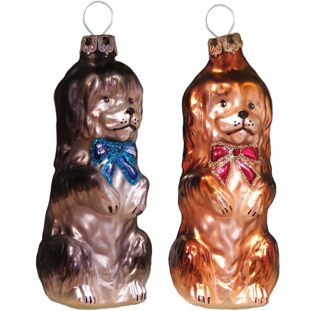 mundgeblasen, (1-tlg), Hund Schleife handbemalt Thüringer Glasdesign mit Christbaumschmuck braun 8,5cm