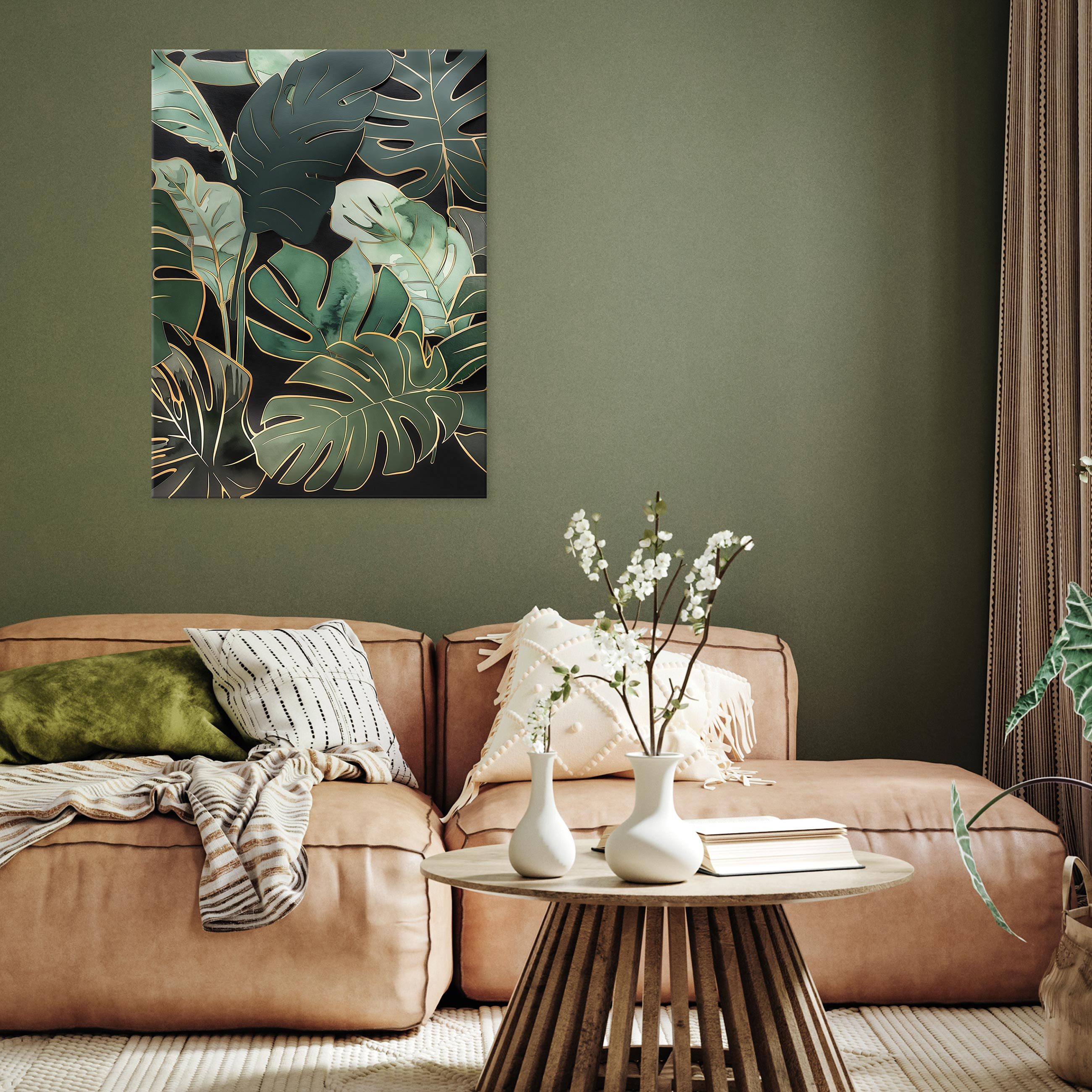 Wallarena Leinwandbild Blätter Grün Gold Natur Wandbilder XXL Wand Deko Bil günstig online kaufen