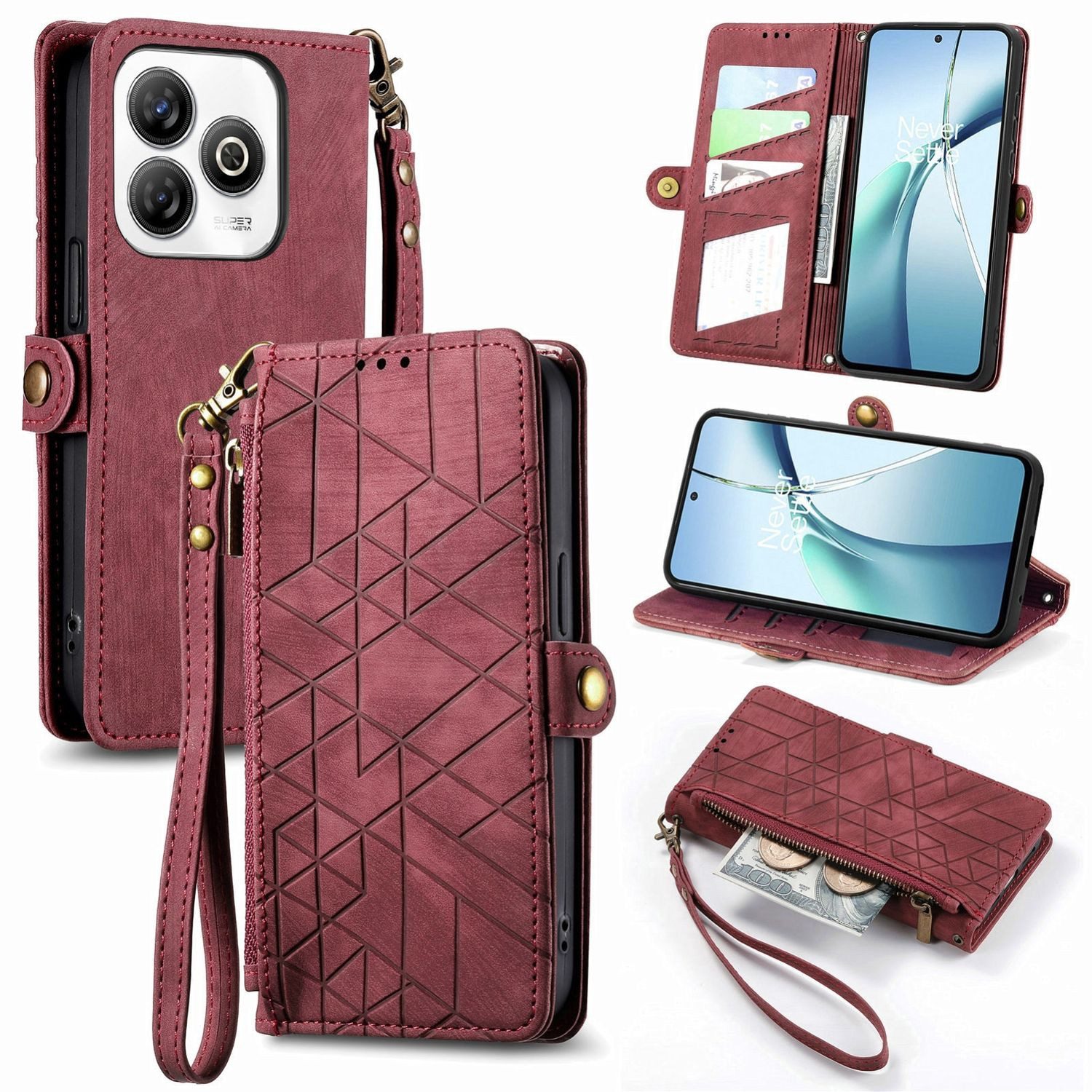 Wigento Handyhülle Für ZTE Blade A75 4G Design Kunstleder Zipper Book Wallet Tasche Rot, Kartenfächer, Reißverschlussfach, Standfunktion