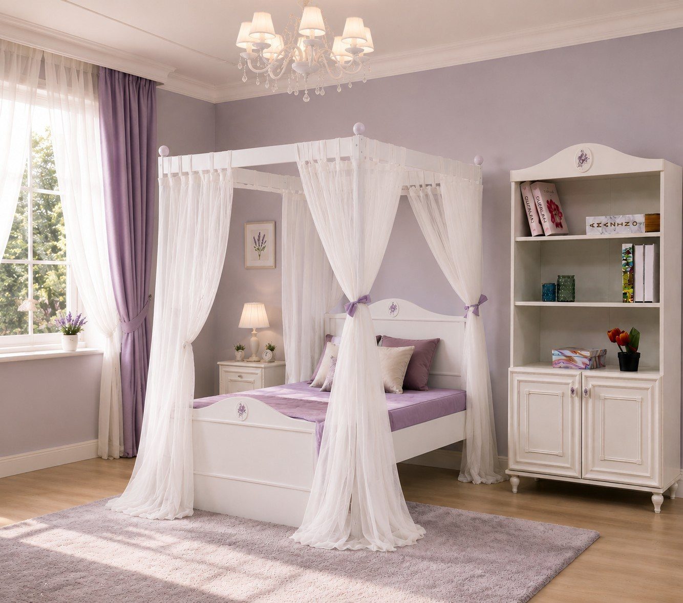 JVmoebel Himmelbett Himmelbett Bücherregal Weiß Baldachin Vorhänge Schlafzimmer (2-tlg), Made in Europa