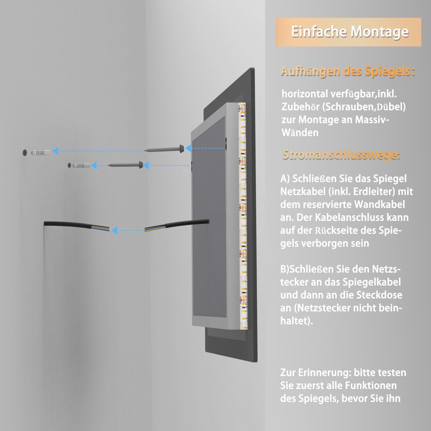 Beschlagfrei, 3x Wandschalter Beleuchtung Schminkspiegel, Dimmbar duschspa Touch, Kalt/Neutral/Warmweiß LED Badspiegel LED