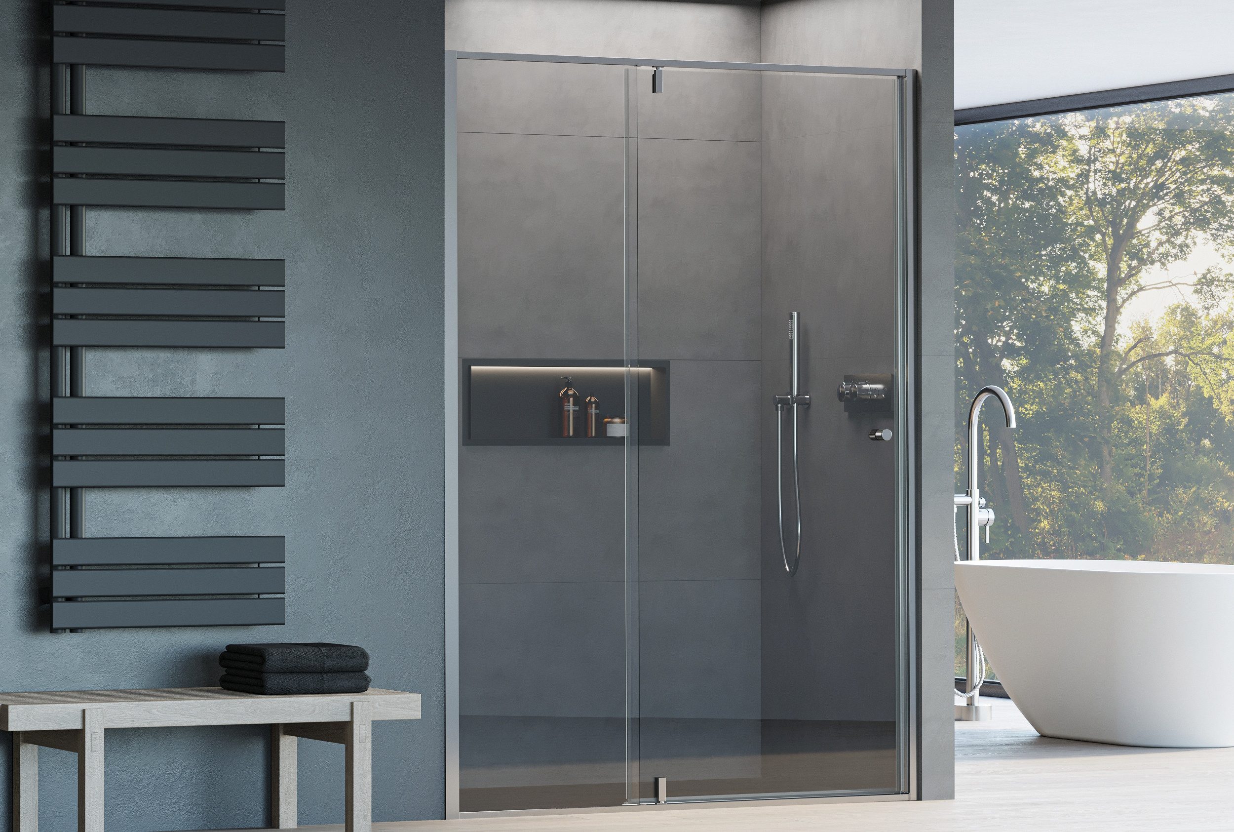 Bernstein Duschwand NT606 FLEX, Einscheibensicherheitsglas (ESG), (2 tlg), Drehtür mit Festfeld, 6 mm, Profilfarbe wählbar