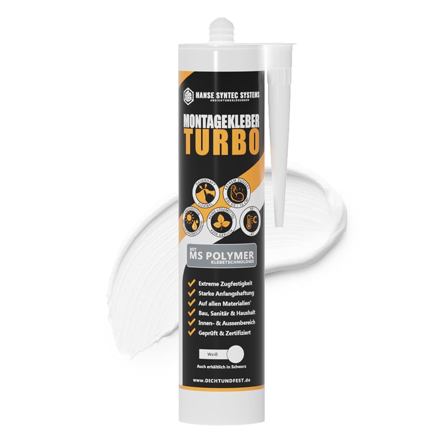 Hanse Syntec Systems Montagekleber TURBO, High Tack MS Polymer, 600 kg/m², Innen, Außen, alle Materialien, Witterungsbeständig,elastisch, geruchsarm, überstreichbar