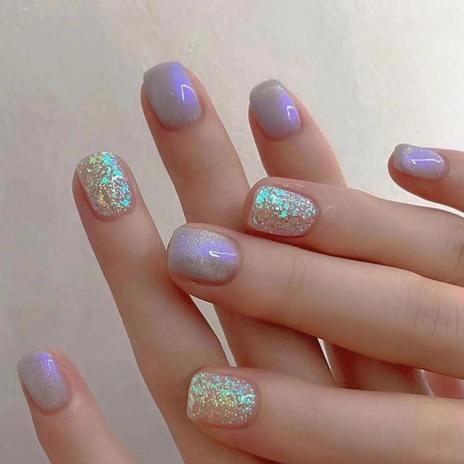 LuxusKollektion Kunstfingernägel 24 Stück Aurora Nägel Aufkleben Kurz Lila Gold Glitter Kunstnägel