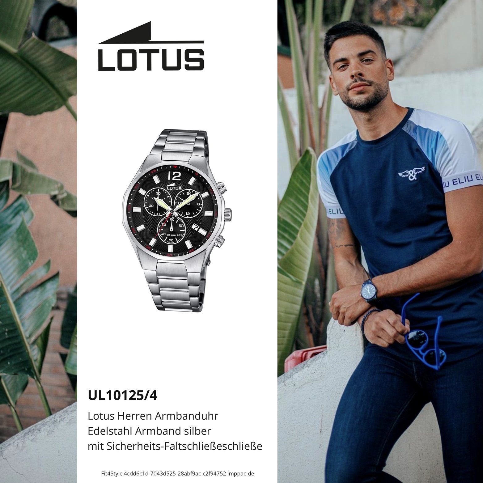 (ca. Lotus Chronograph rundes L10125/4, Sport groß Edelstahlarmband, Herren Gehäuse, mit Herrenuhr Uhr Edelstahl 45mm), Lotus