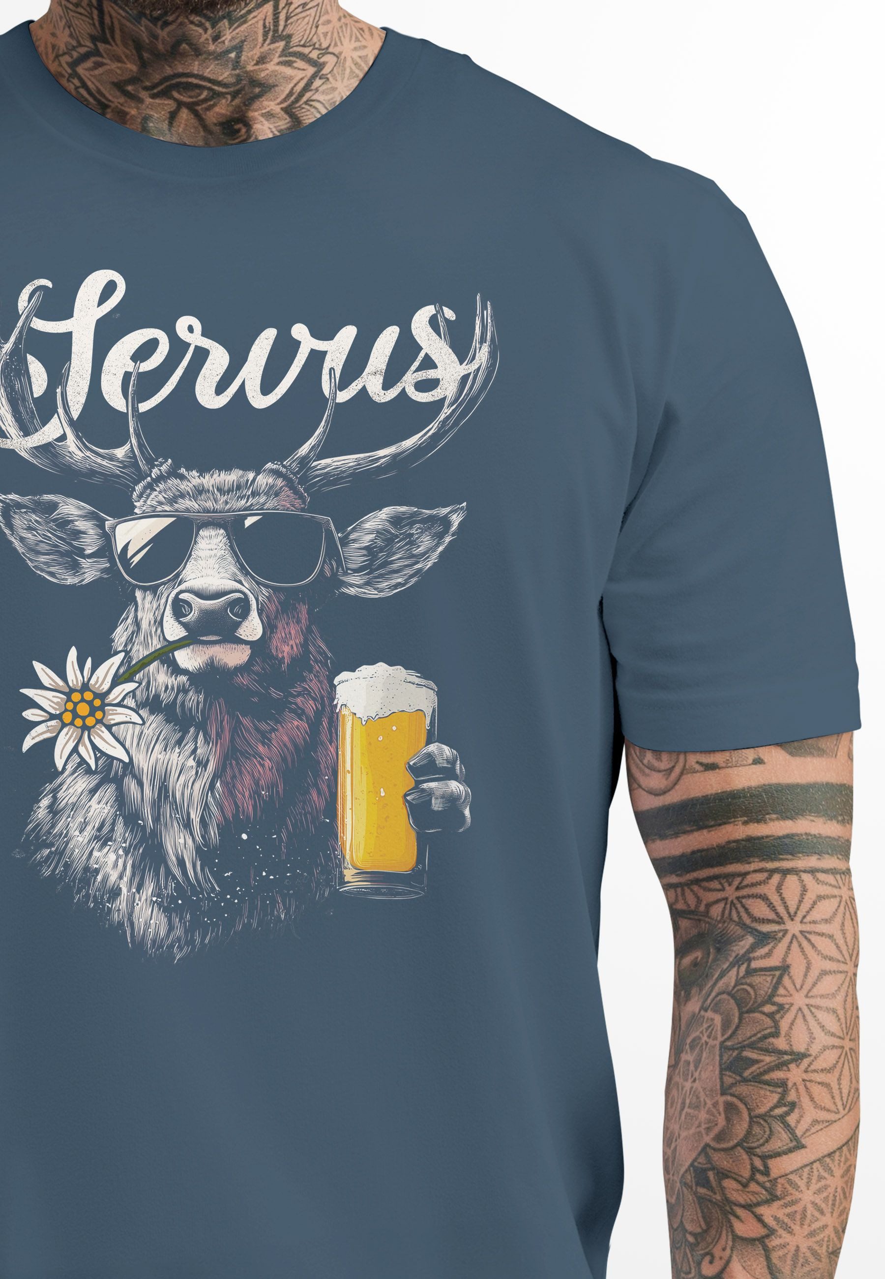 Neverless Print-Shirt Herren T-Shirt Hirsch Tracht Modern Lustig Volksfest Bayern Servus mit Print
