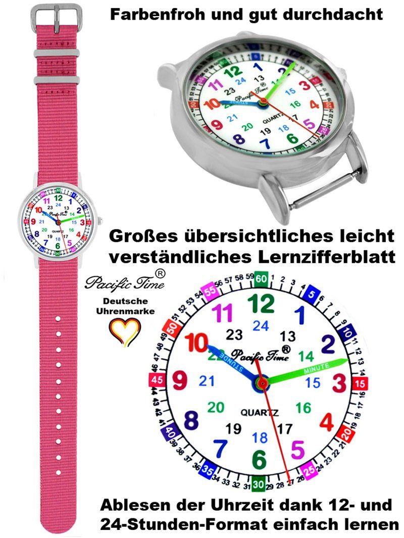 Wechselarmband, Set Gratis Versand Design Quarzuhr Armbanduhr - Lernuhr Mix blau Time Reflektor und rosa und Kinder Pacific Match
