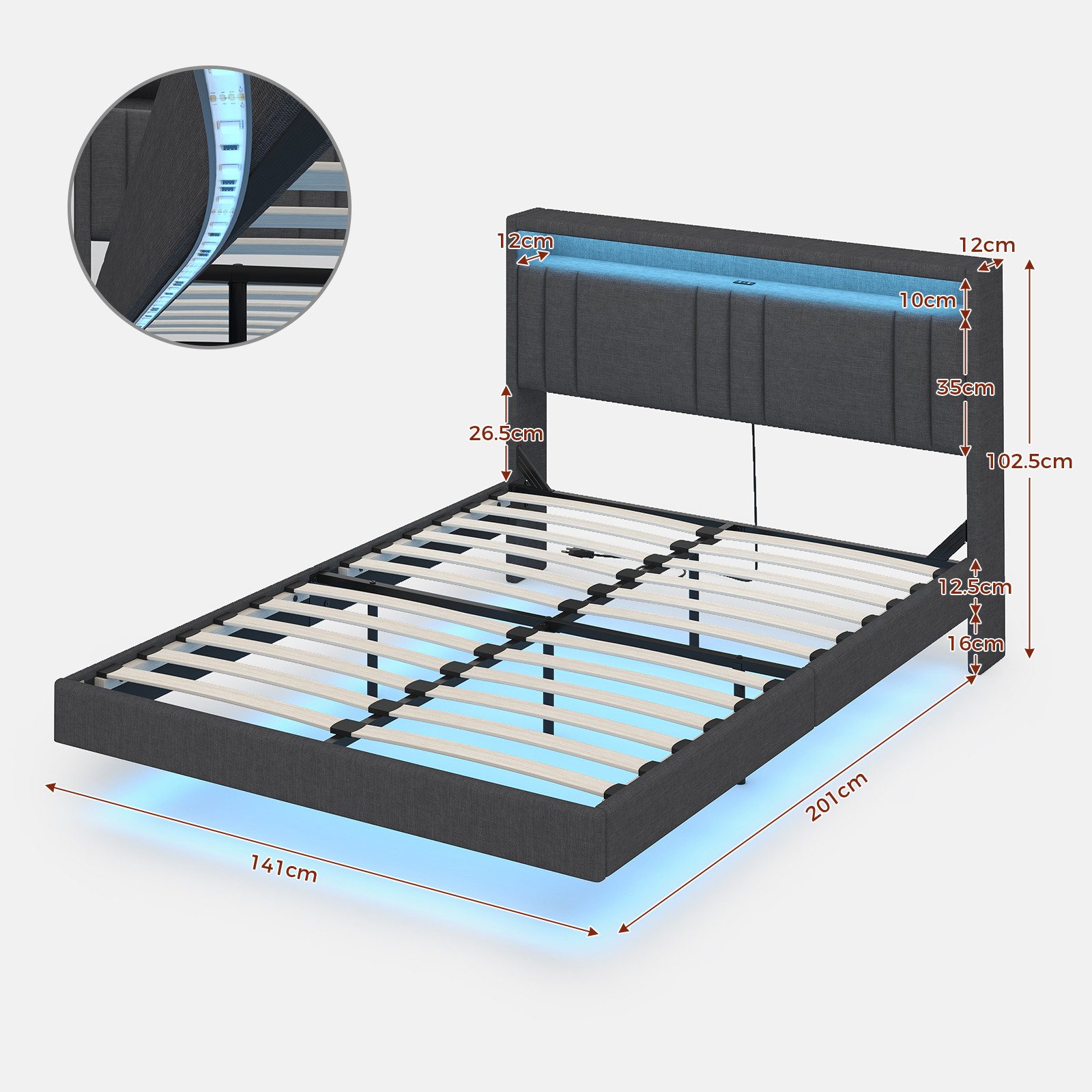 KIMENICH Polsterbett Schwebendes Doppelbett, Jugendbett mit RGB LED-Beleuchtung (Ohne Matratze), Kopfteil mit Stauraum und USB-C Ladestation, 140x200cm
