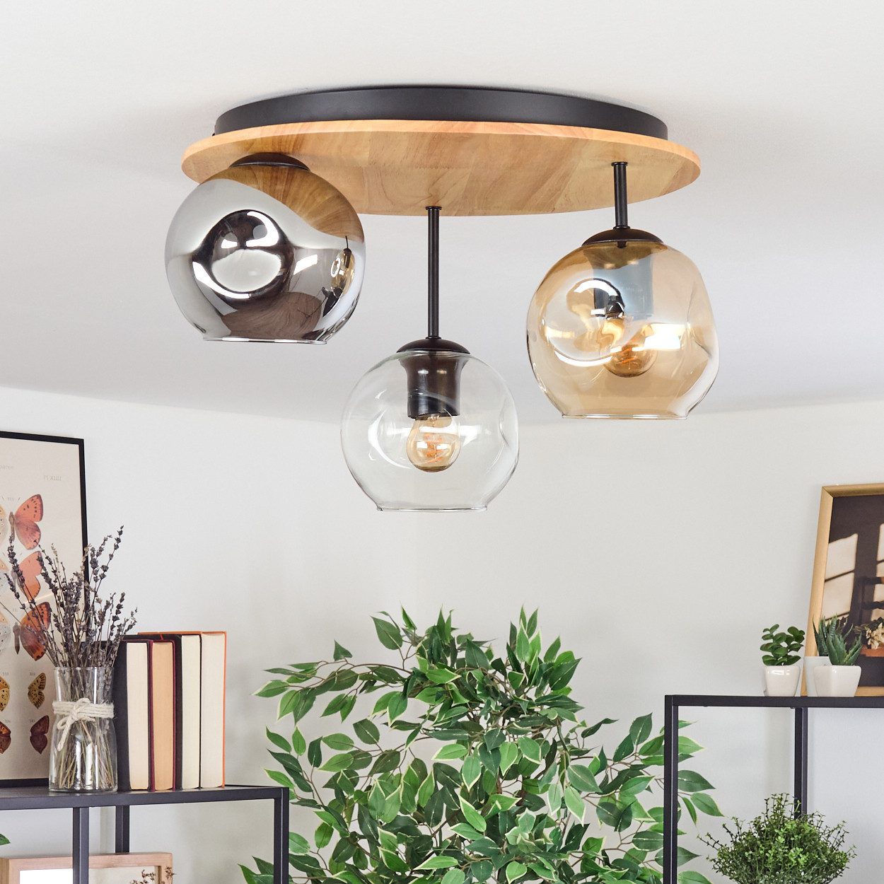 hofstein Deckenleuchte Deckenlampe aus Metall/Holz/Glas in günstig online kaufen
