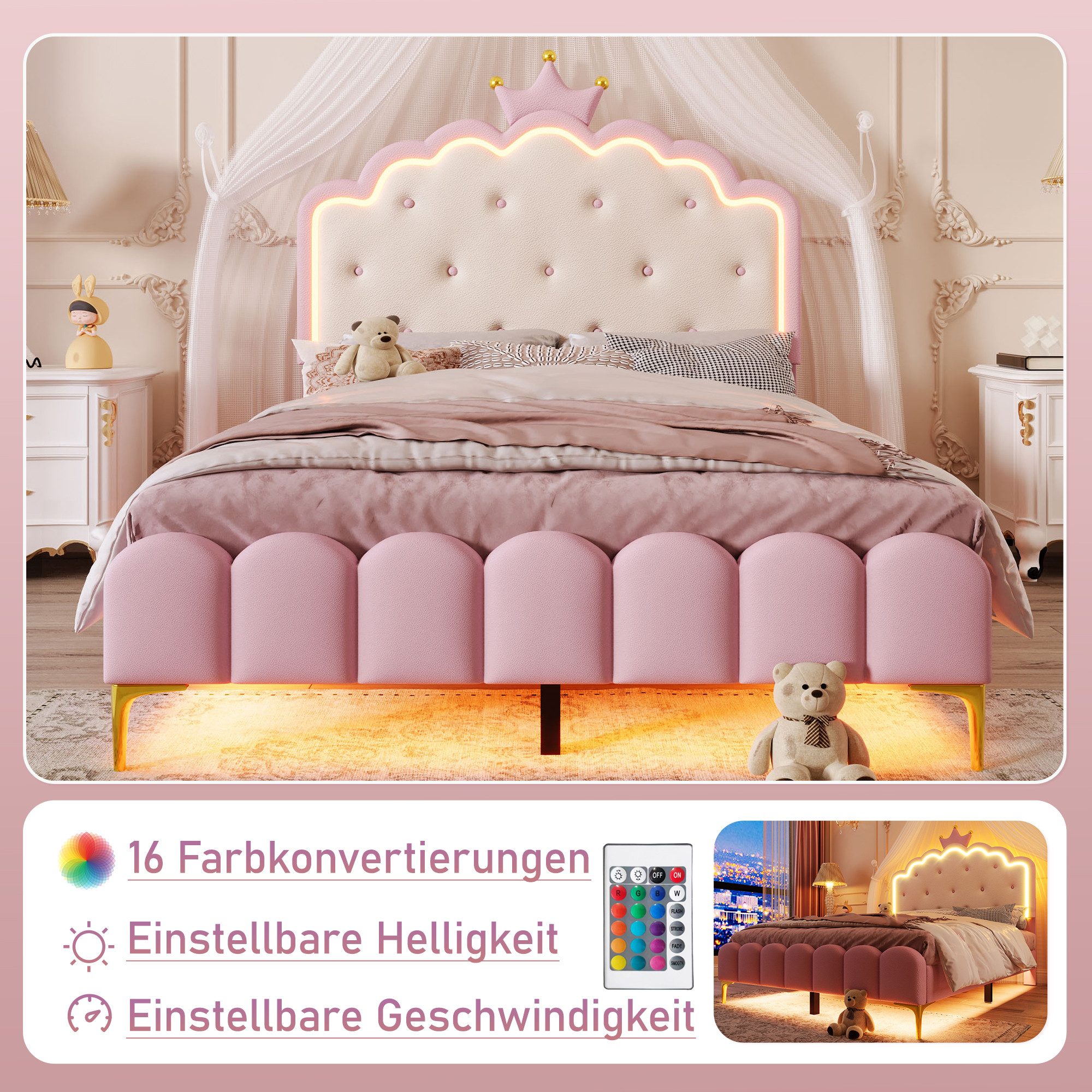 STILVORA Polsterbett mit Lattenrost,Prinzessinnen Polsterbett 140x200 mit m günstig online kaufen