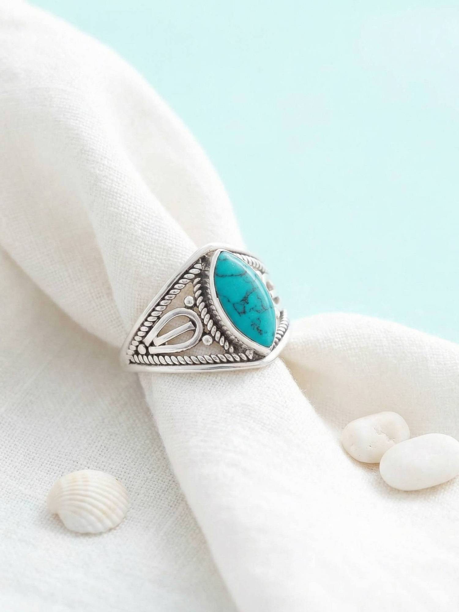 mantraroma Silberring DAHAB Ellipse aus 925 Silber mit Türkis (Ring mit Schmuckbeutel), Damenring aus 925er Silber