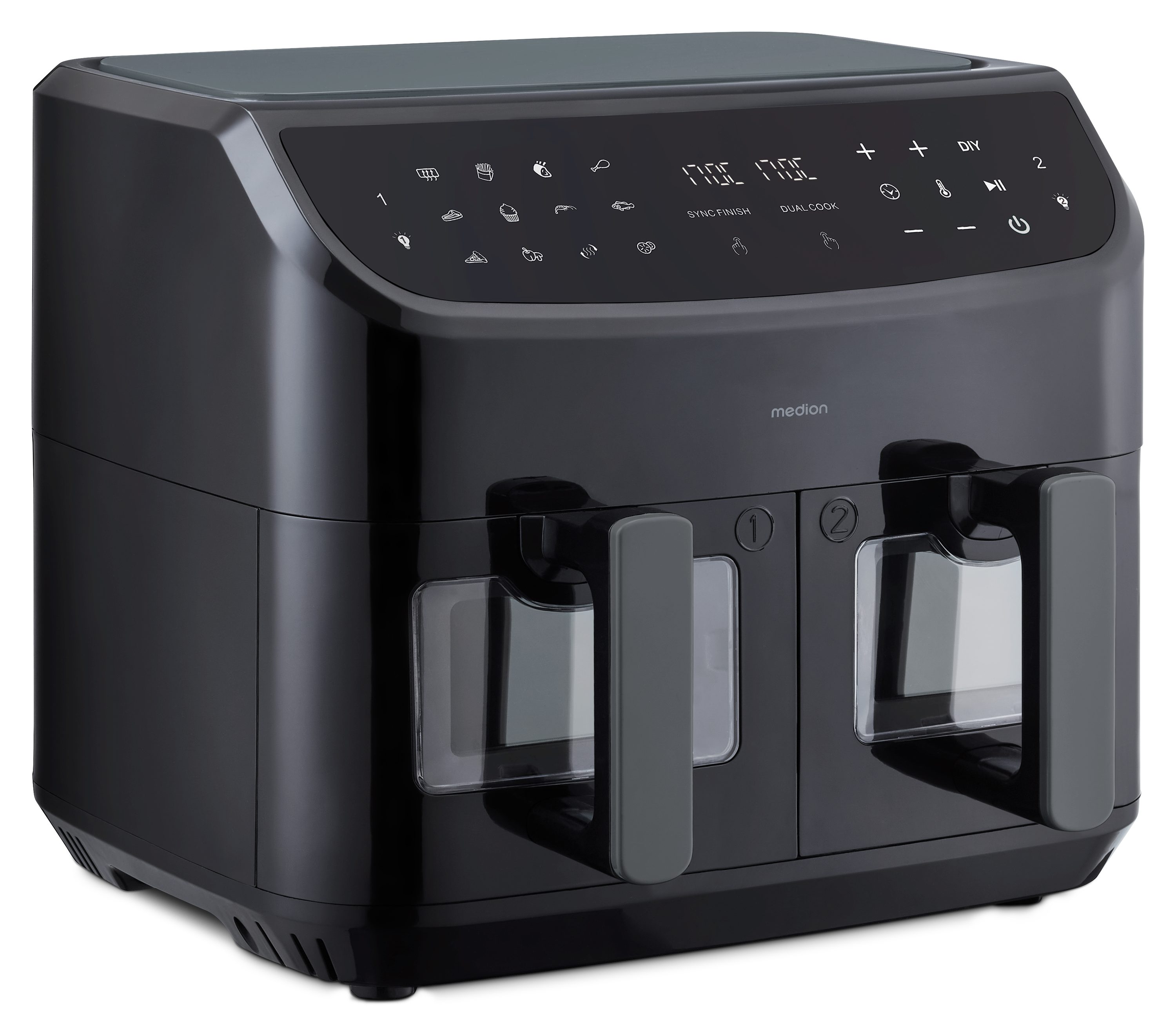 Medion® Heißluftfritteuse MD11760 P20 XXL, 2 separat gesteuerte Garkammern, Touch Display, 2400 W, Temperatur 50 - 200 °C, ILAG Beschichtung, Sync-Finish