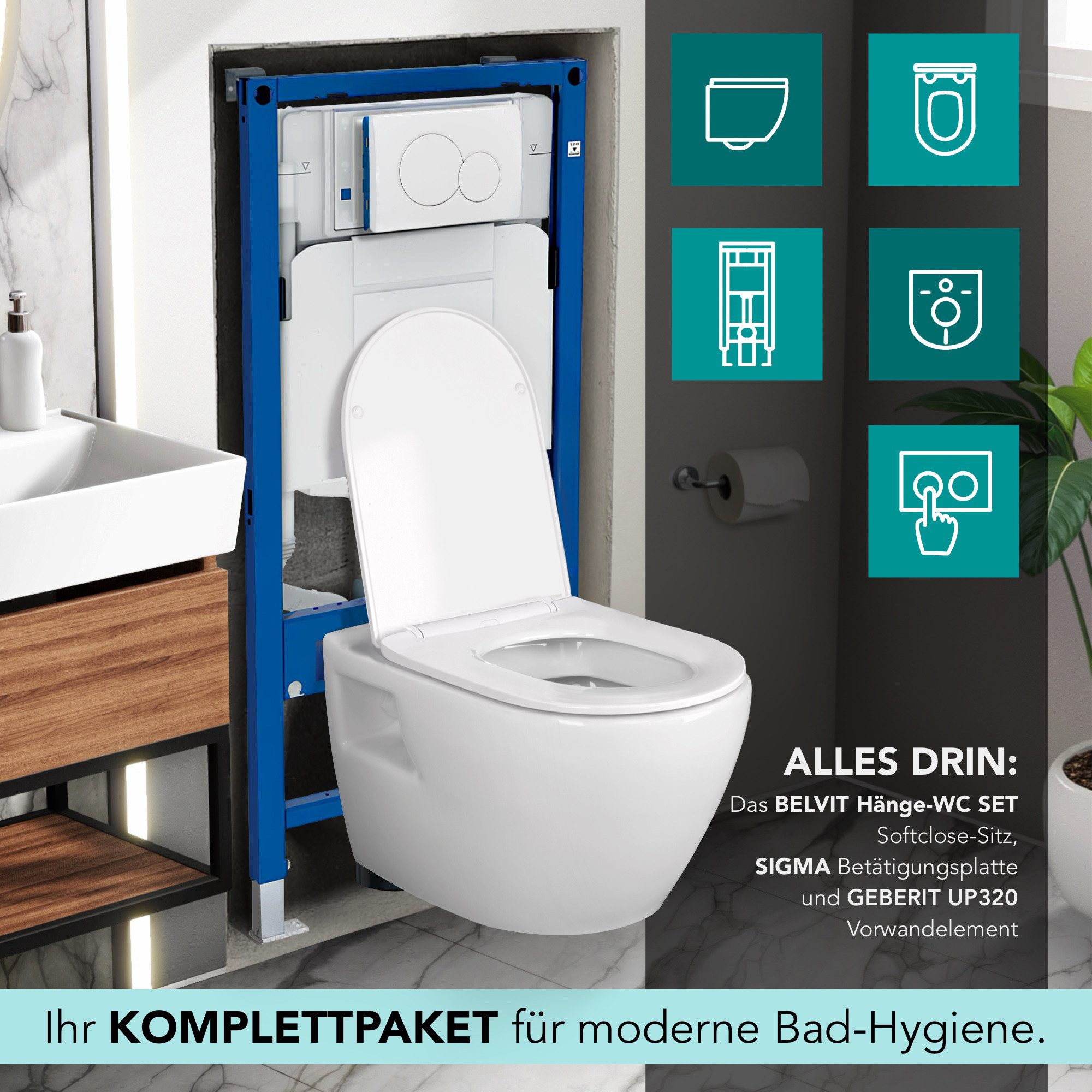 GEBERIT Tiefspül-WC mit WC, Vorwandelement, Schallschutz & Betätigungsplatte AL5509-SET, wandhängend, Spar-Set, für Installationswände oder ganze Raumhohe, mit Wandankern