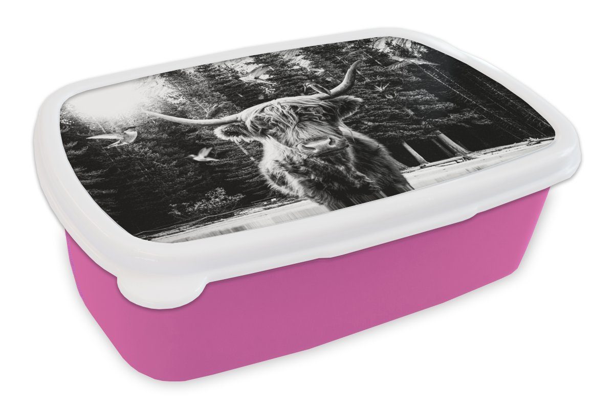 MuchoWow Lunchbox Scottish Highlander - Kolibri - Schwarz - Weiß, Kunststoff, (2-tlg), Brotbox für Erwachsene, Brotdose Kinder, Snackbox, Mädchen, Kunststoff rosa