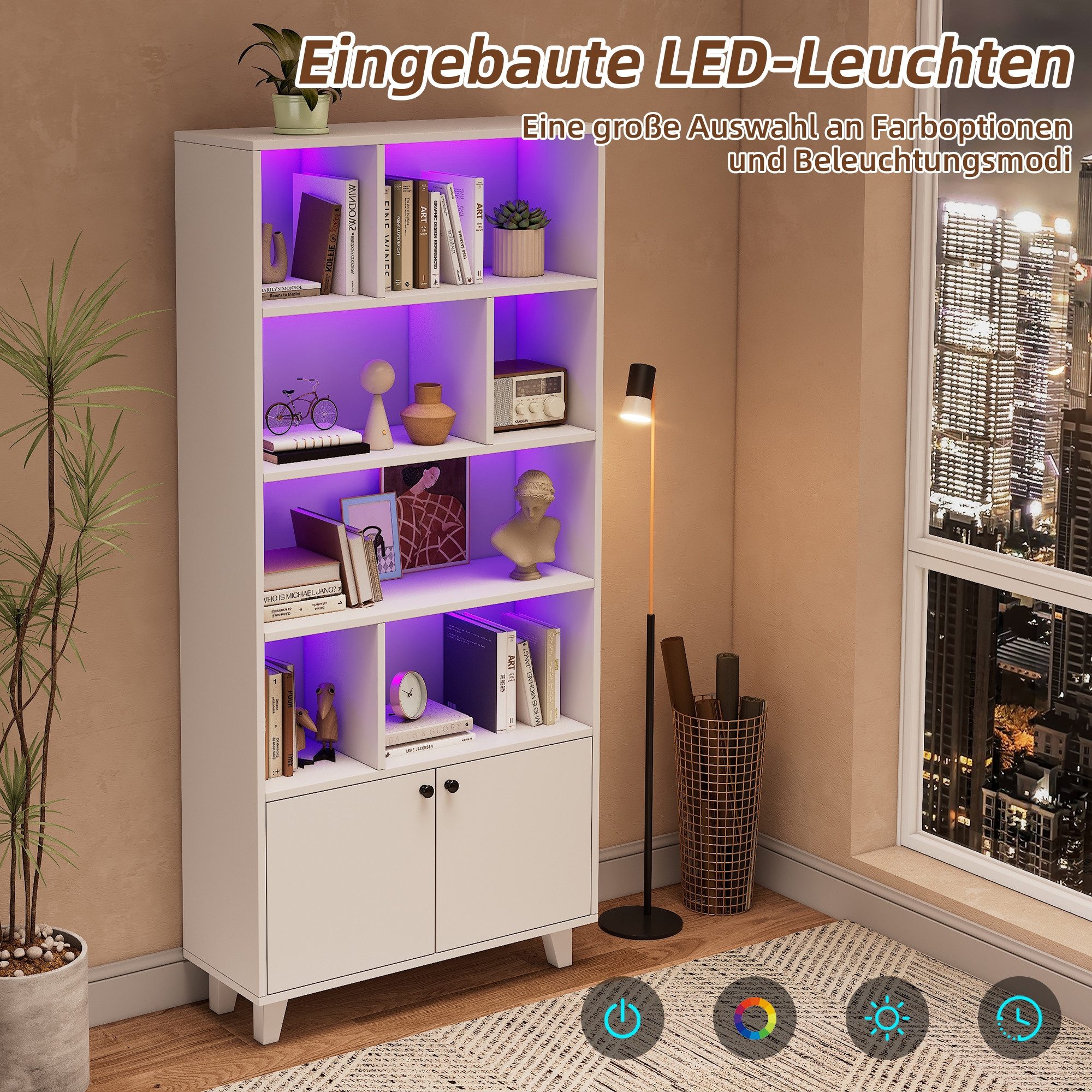BlingBin Bücherregal Massivholzbeine und staubdichte Doppeltüren mit vielen Ablagefächern, 1 Stück 1-tlg., LED-Farbwechsel-Licht mit praktischer App-Steuerung