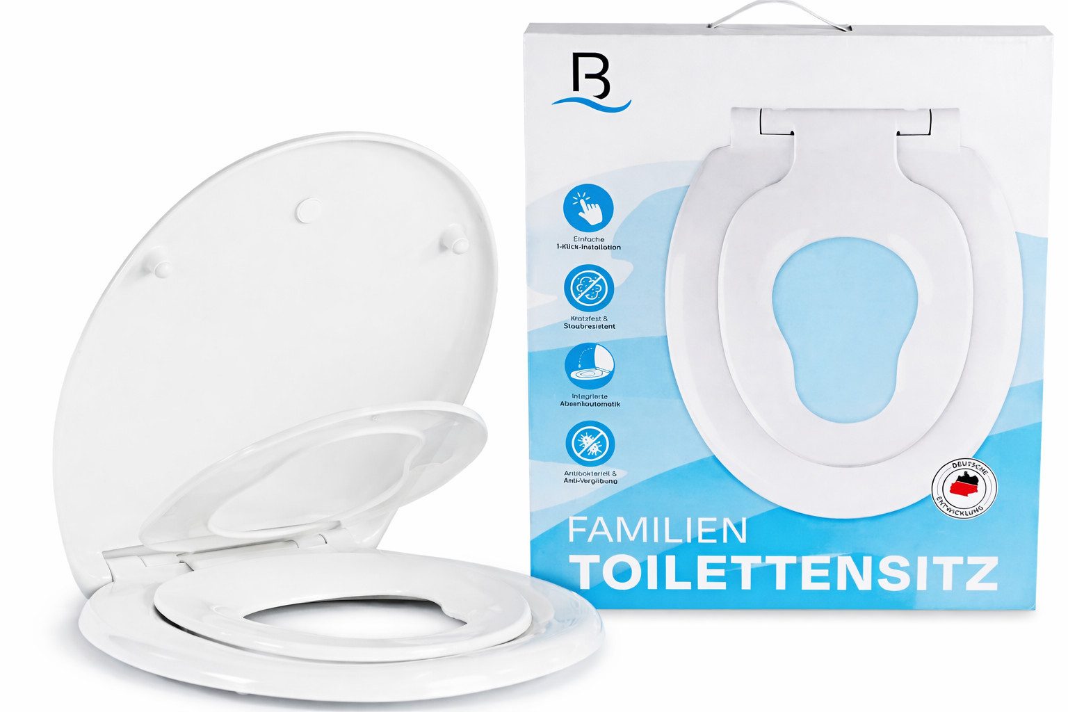 Bath4U WC-Sitz WC Sitz mit integriertem Kindersitz 37,3x44,5cm Absenkautomatik Weiß, Hygienischer Urea-Duroplast Kindersitz 25,6x38,9cm Standard-Maß