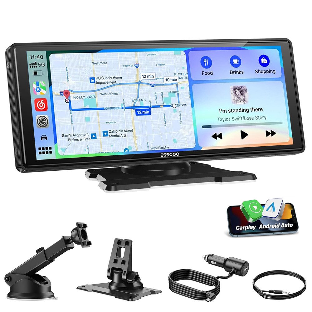 ESSGOO 10.26" Autoradio Kabellos Tragbar Apple CarPlay & Android Auto Einbau-Navigationsgerät (Autoradio Bluetooth Sprachsteuerung)