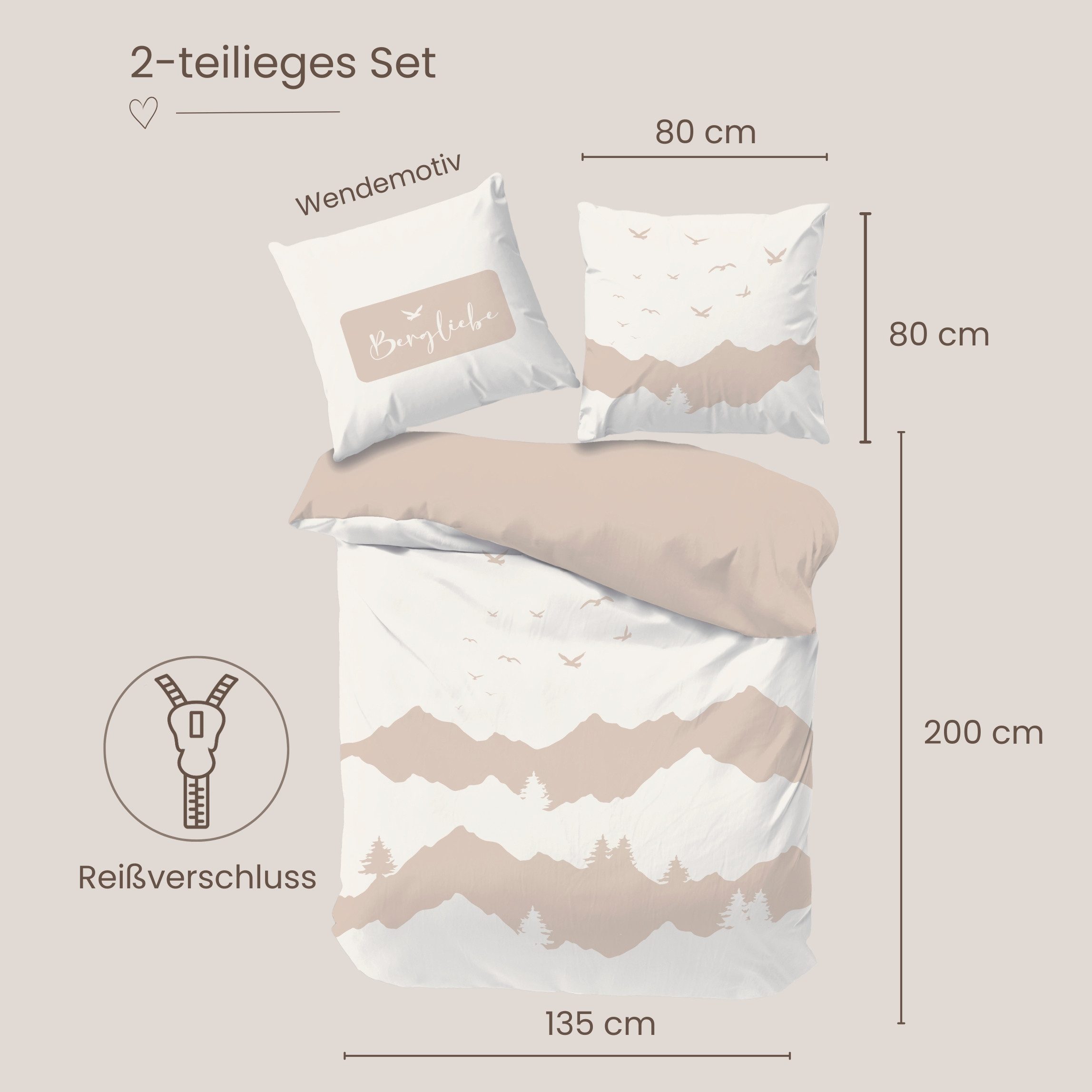 MTOnlinehandel Bettwäsche Bergliebe 135x200 cm Renforcé, Berge, Naturmotiv, 100% Baumwolle, 2 teilig, Stilvolles Bergpanorama in sanften Naturtönen – Bild 4 von 5