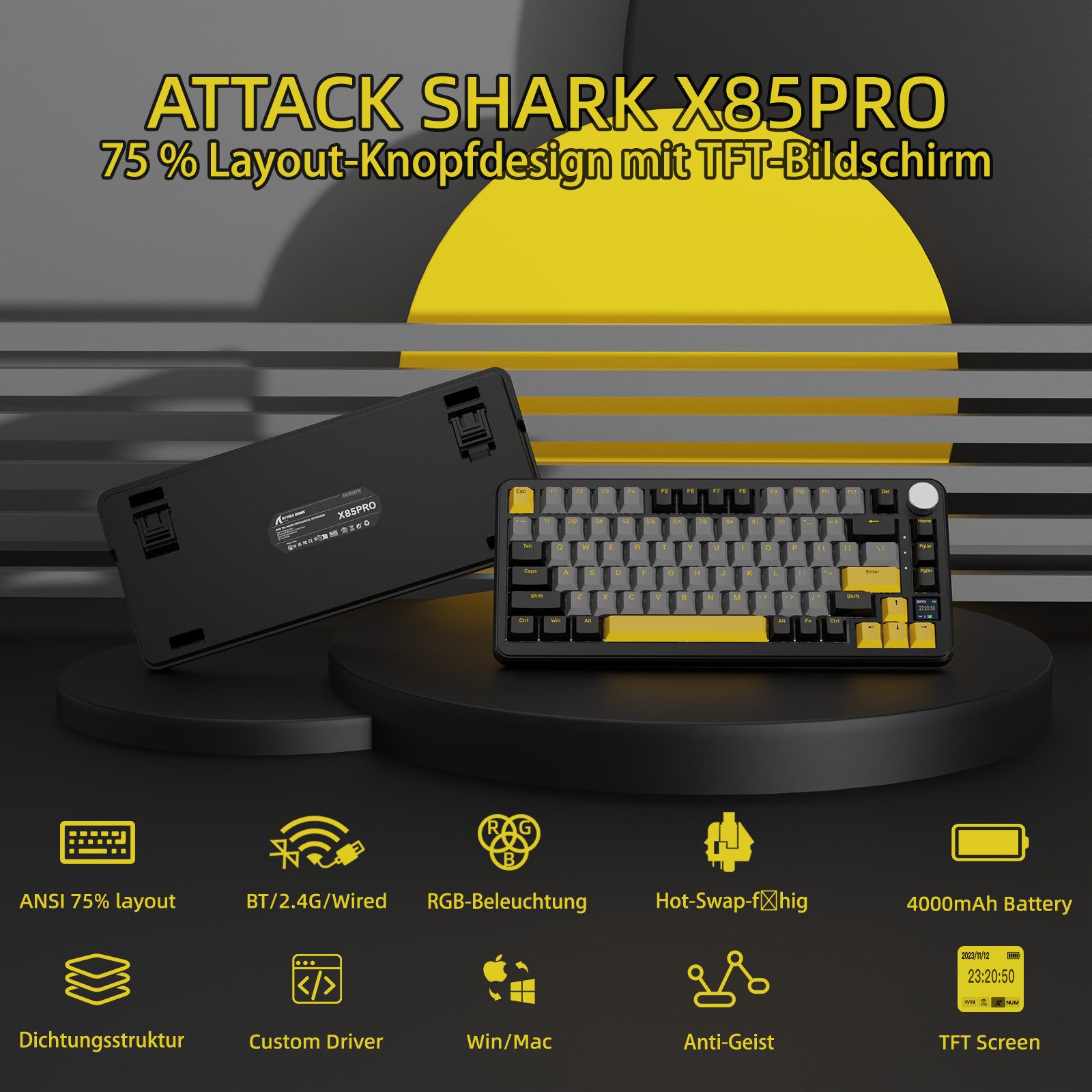 ATTACK SHARK X85PRO Mechanische Tastatur mit drei Modi,TFT-Bildschirm Gaming-Tastatur (75 % CNC-Knopf, 5-lagige Polsterung, Hot-Swap-Linearschalter, RGB)