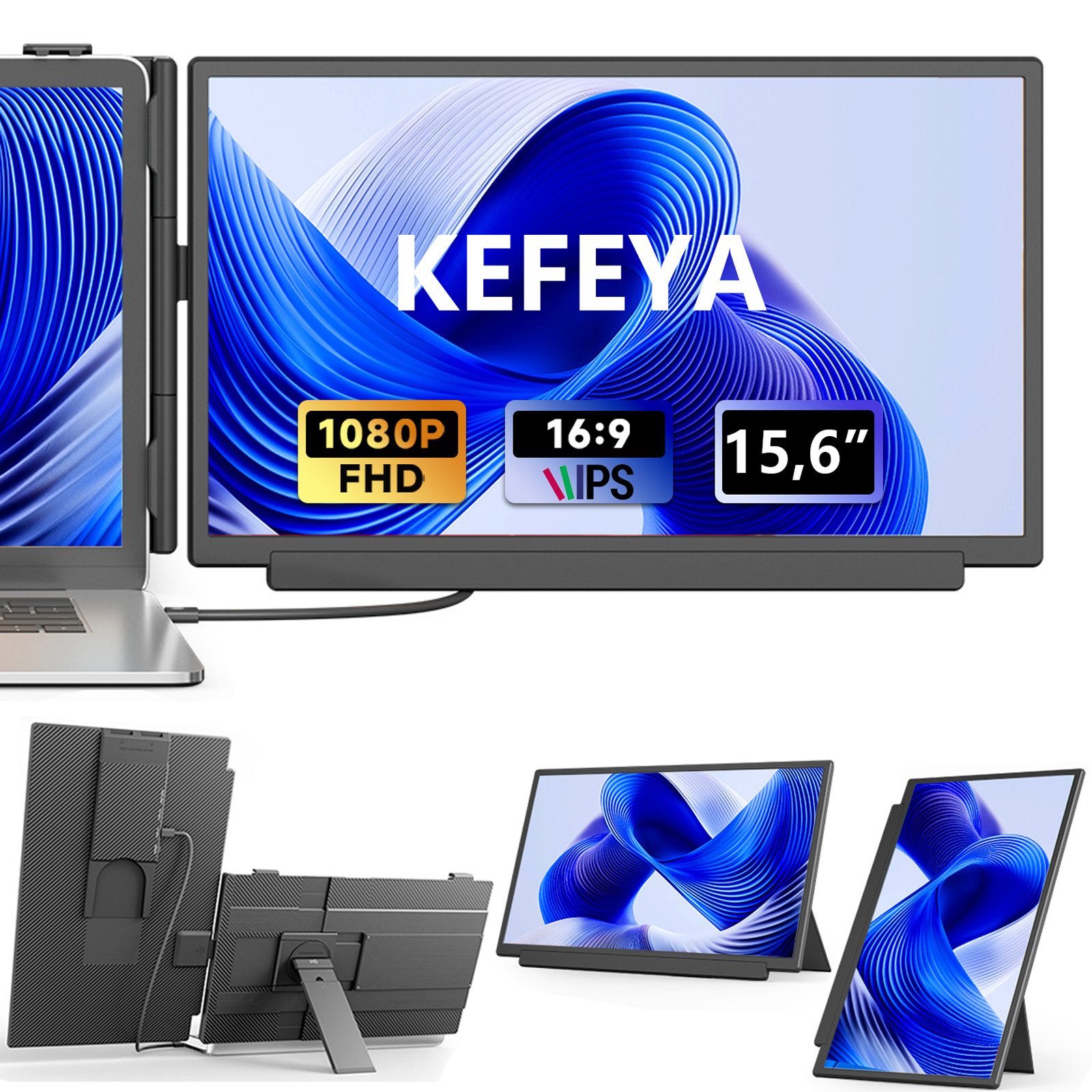 KEFEYA 15,6 Zoll FHD Laptop-Bildschirm-Extender Portabler Monitor (40 cm/15,6 ", 1920 * 1080 px, FHD IPS, 60 Hz, HDR, Einzelmonitor, 13–17,3 Zoll, abnehmbar, Plug & Play)