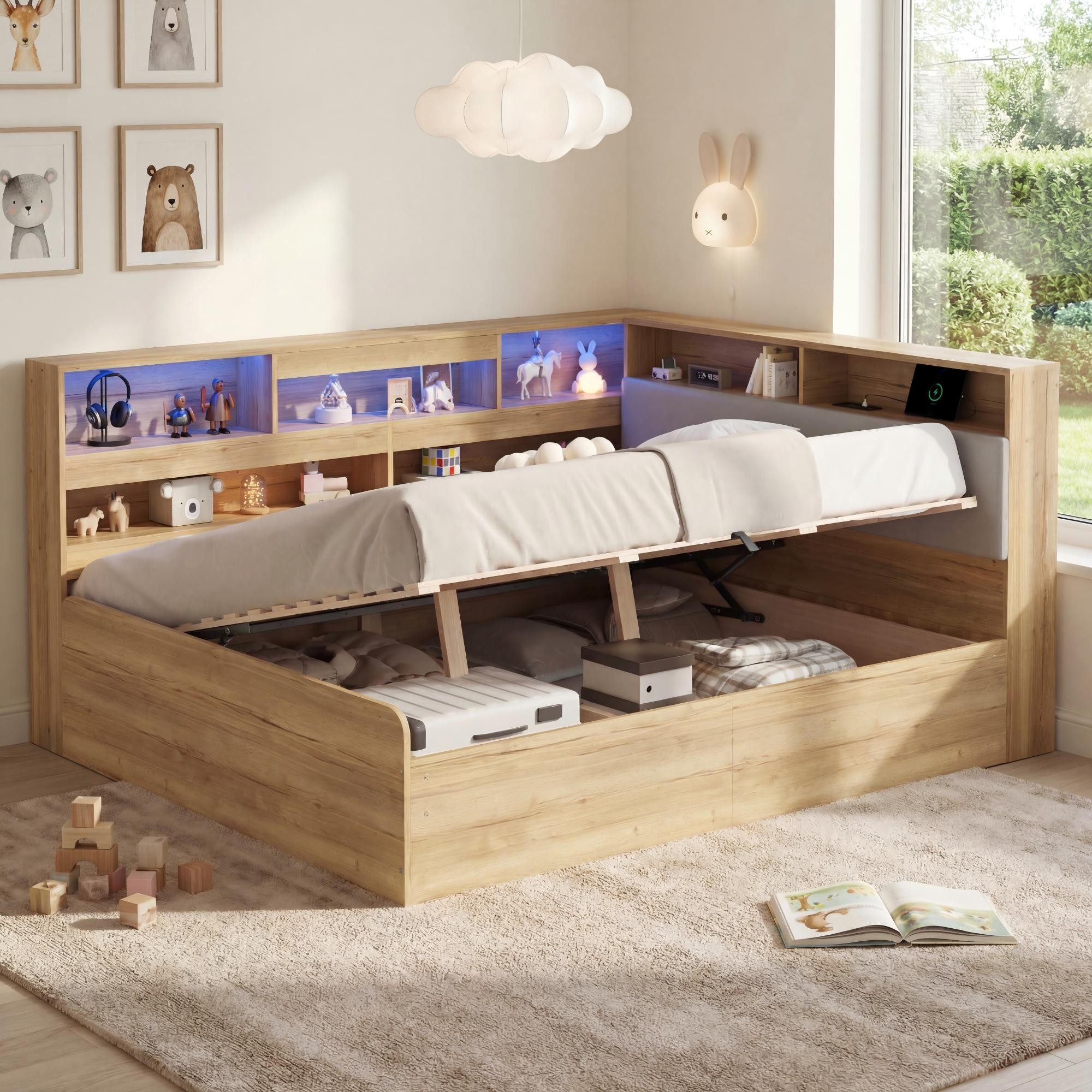 STILVORA Schlafsofa Jugendbett 140×200 mit matratze Hydraulisches Stauraumbett mit USB, Hydraulischer Bettkasten, LED-Beleuchtung, USB/Type-C Ladefunktion