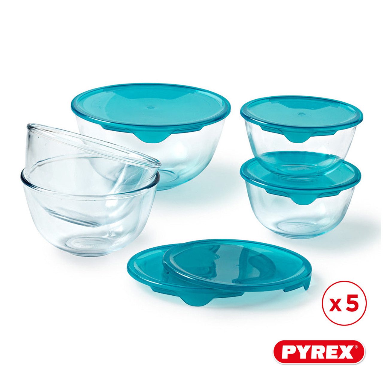 PYREX Frischhaltedose Cook & Enjoy, Borosilikatglas, (Schüssel-Set, 5-tlg., 0,5/1/2,3 l), luftdicht, stapelbar, mikrowellengeeignet