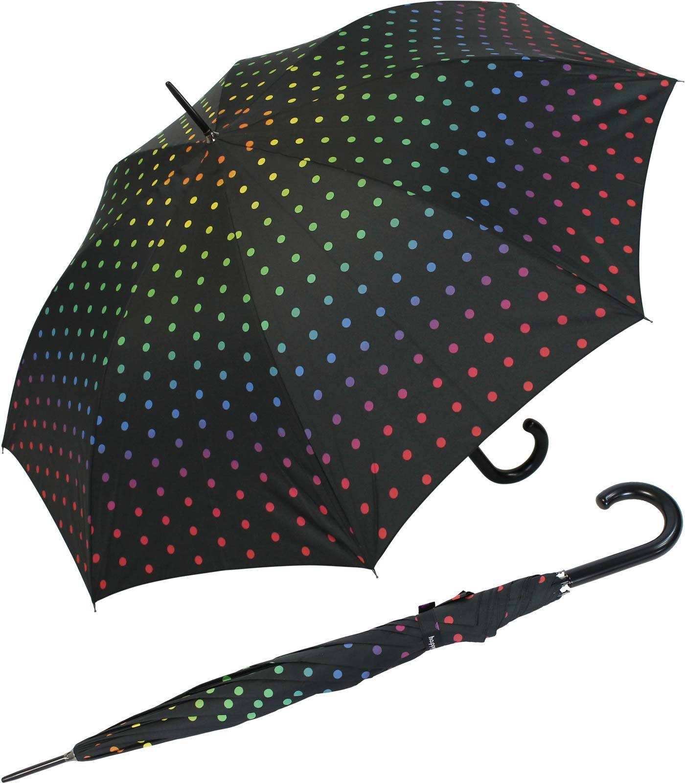 Auf-Automatik Langregenschirm Regenschirm RAIN Punkten auf Schwarz HAPPY für mit großer Damen, Regenbogen-farbenen mit