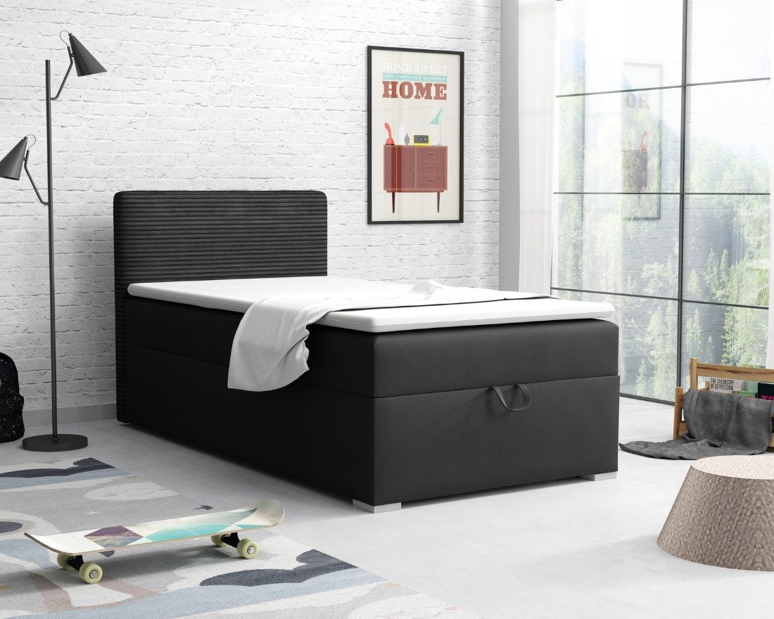 Deine Möbel 24 Boxspringbett TEEN 1 Bett für Teenager Jugend Jugendbett Einzelbett (Jugendzimmer Beige Grau Hellgrau Grau Anthrazit Schwarz, 3-St., Bonellfederkern-Matratze H3 Taschenfederkern-Matratze H4), 90x200 100x200 Polsterbett Velours Cord Kord