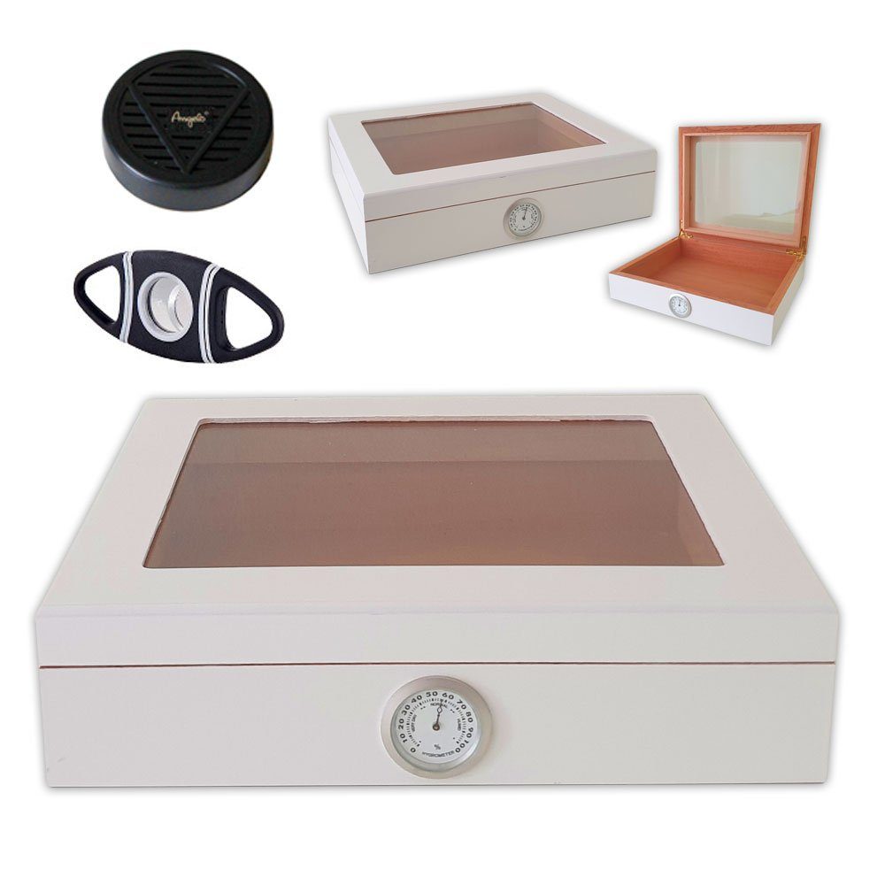 Coumo Humidor Glasdeckel, Weiß, Finish, für ca. 20 Zigarren, + Zigarrenschneider