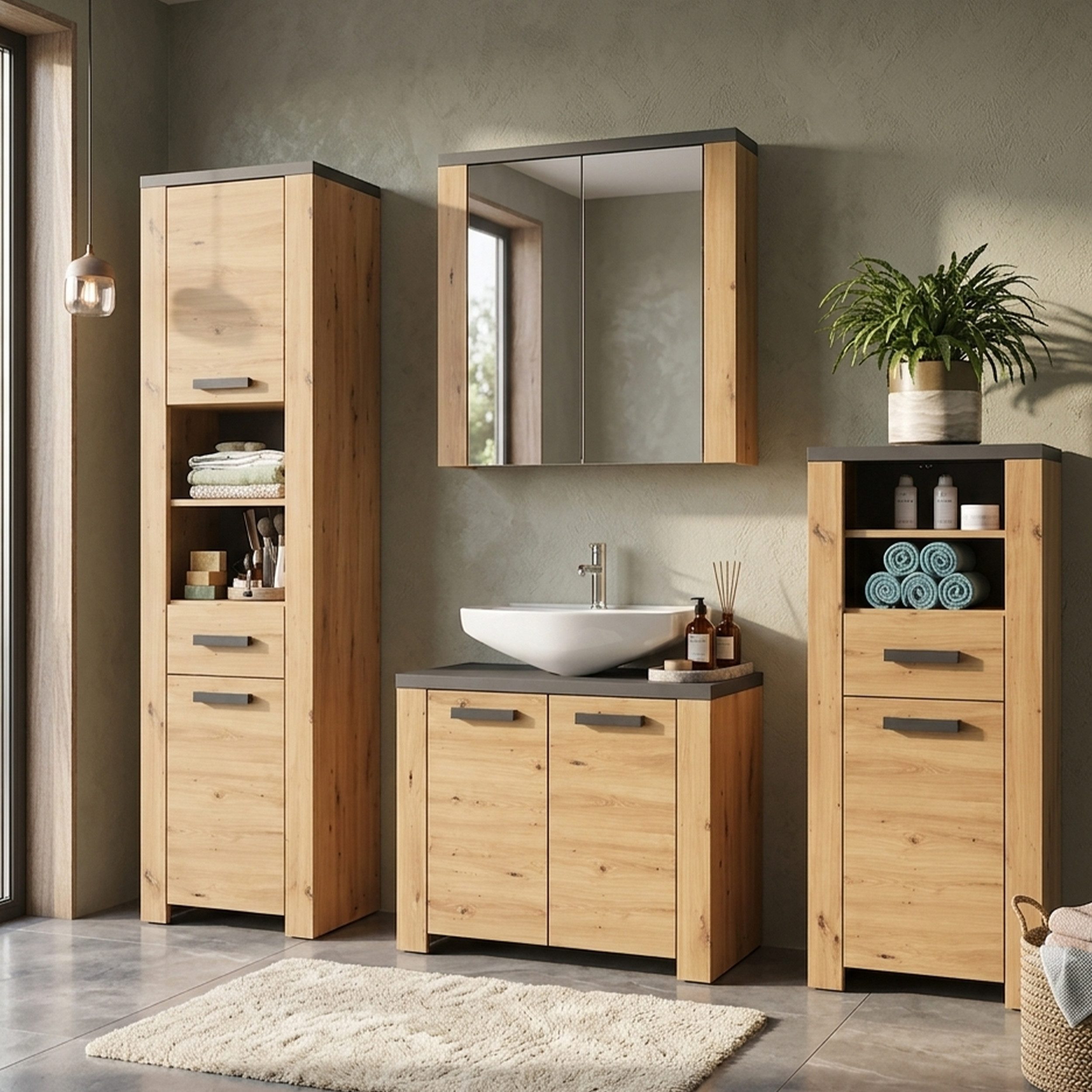 trendteam Badmöbel-Set Badezimmer-Set Follow, Artisan Eiche / Matera grau, 4-teilig, (4-St), Badmöbel, Badkombination, Badezimmer Set, 4-teilig