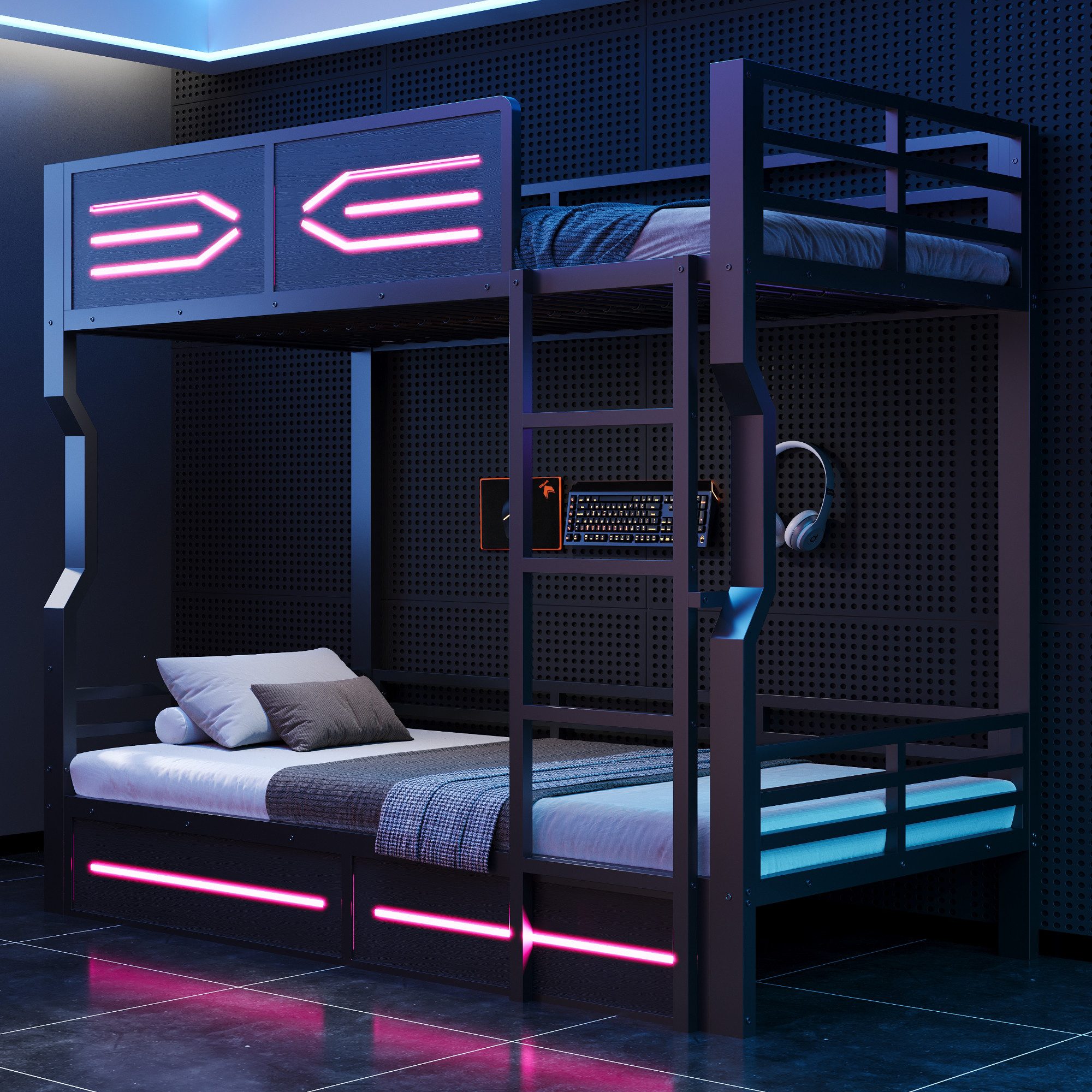 Flieks Etagenbett, Metallbett Kinderbett 90×200cm mit LED-Beleuchtung und Leiter