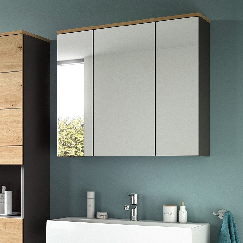Lomadox Spiegelschrank CORTANA-158 Badezimmerspiegel in Basalt Grau, 80 cm breit mit Eiche Artisan