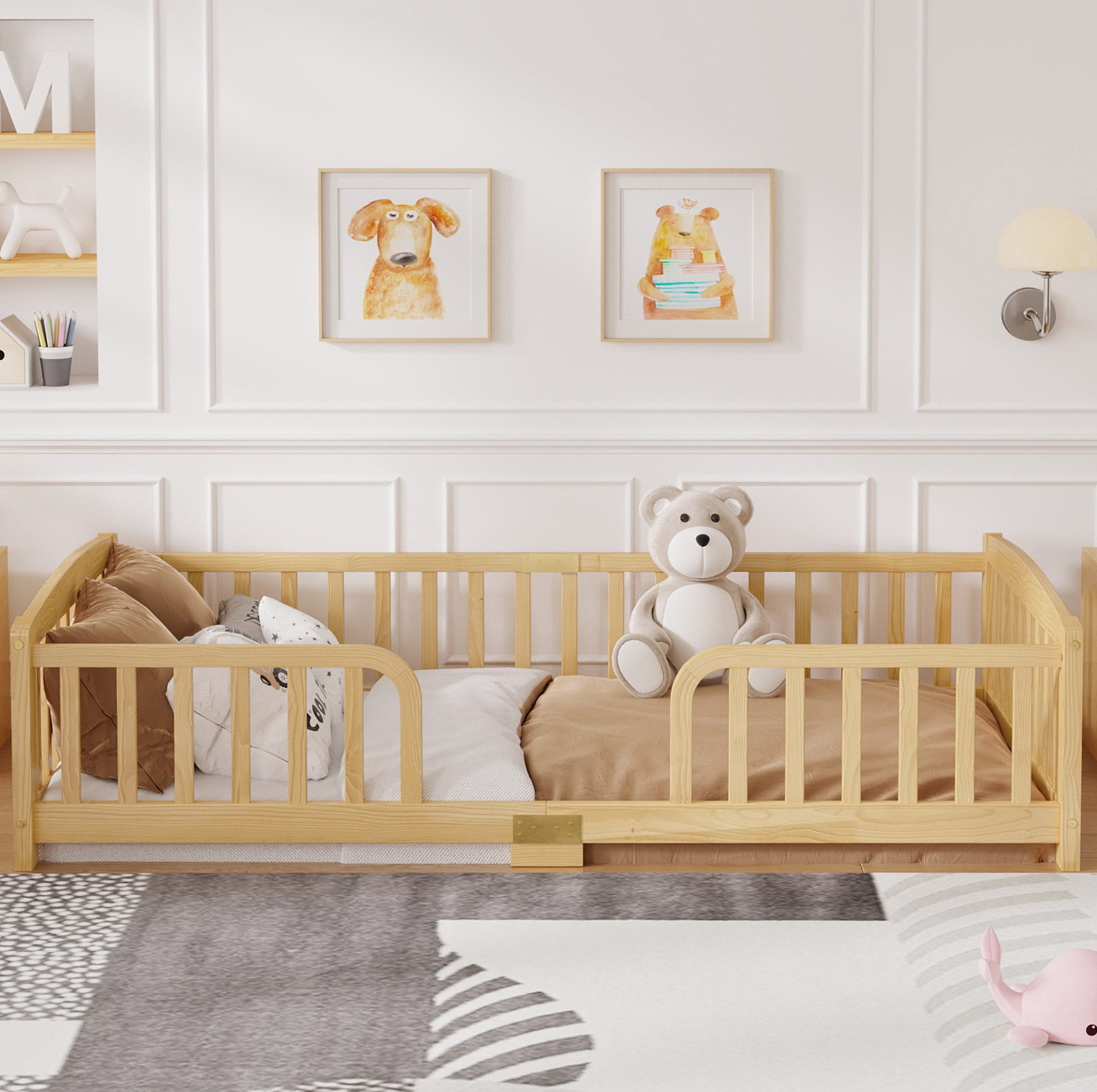 OKWISH Kinderbett Bett mit Sicherheitsgeländer & mittigem Zugang (Packung, Natur, 90×200 cm, ohne Matratze, für Kinderzimmer), Holz, abgerundete Kanten, stabil