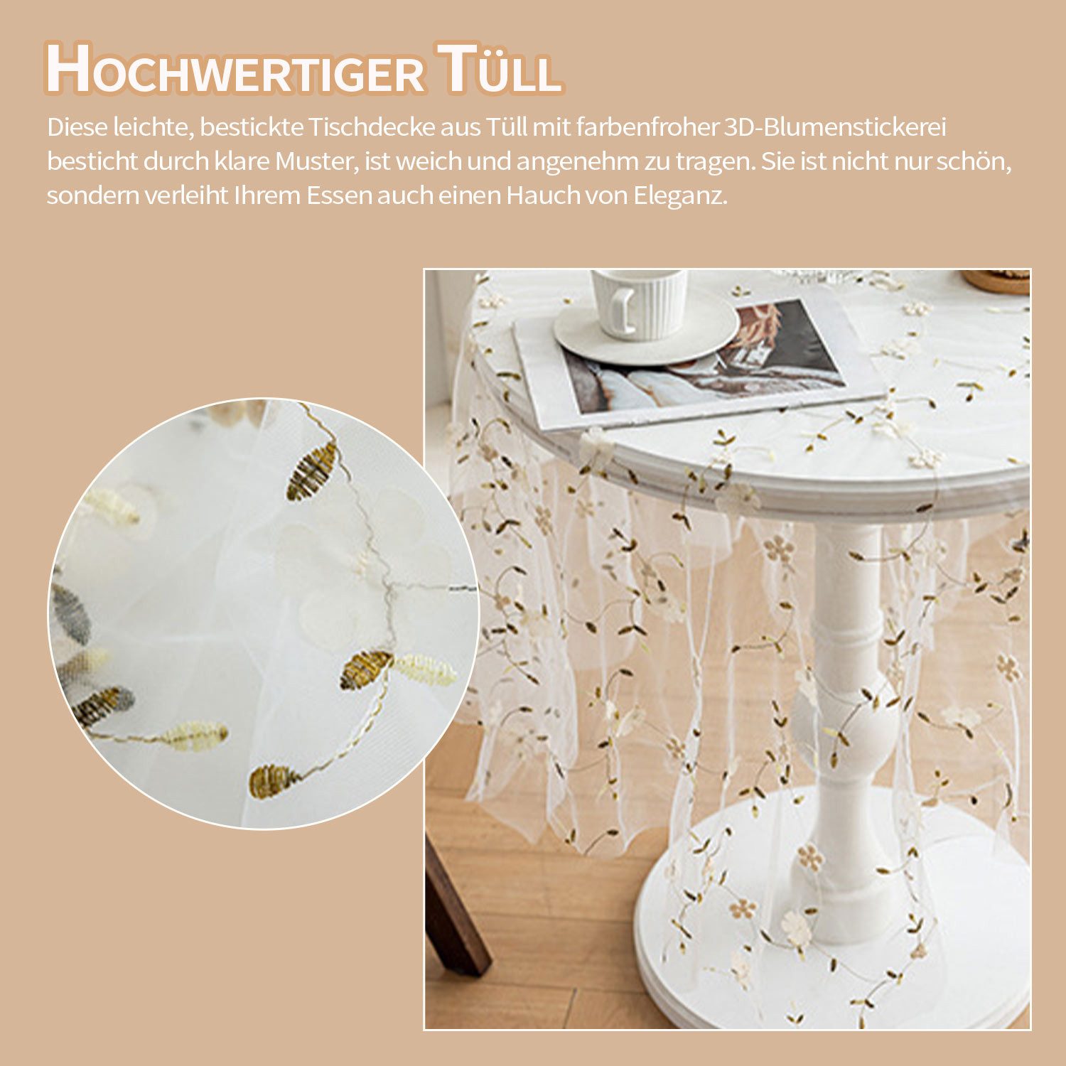 Refttenw Tischdecke Romantische Spitzentischdecke mit Blumenstickerei,Desktop-Dekoration