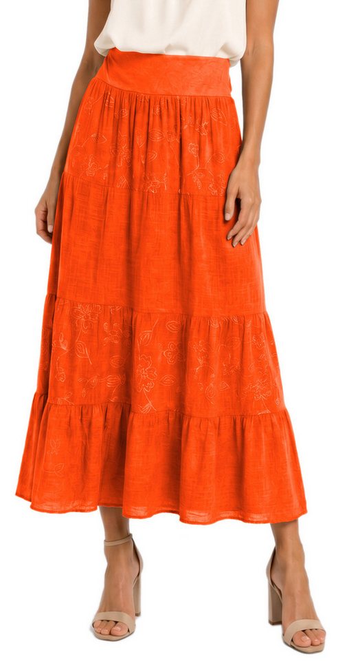 dy_mode Maxirock Damen Maxirock Luftiger Stufenrock Langer Baumwollrock Sommerrock in Unifarbe, mit Gummibund, Blumenstickerei