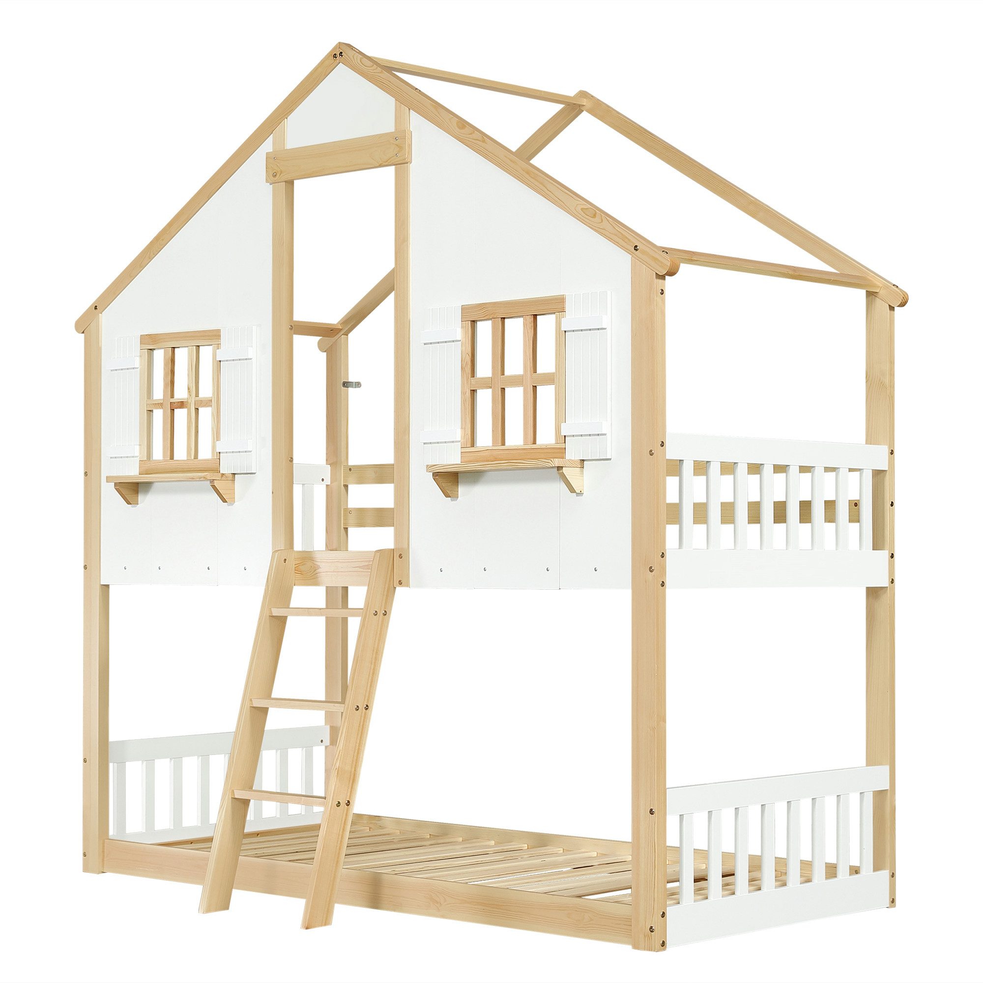 HAUSS SPOLE Bunk bed 90x200 with window & railing, youth bed/children's bed in house shape with roof (with roof and windows, stable slatted frames and safety railing, 90x200cm), without mattress