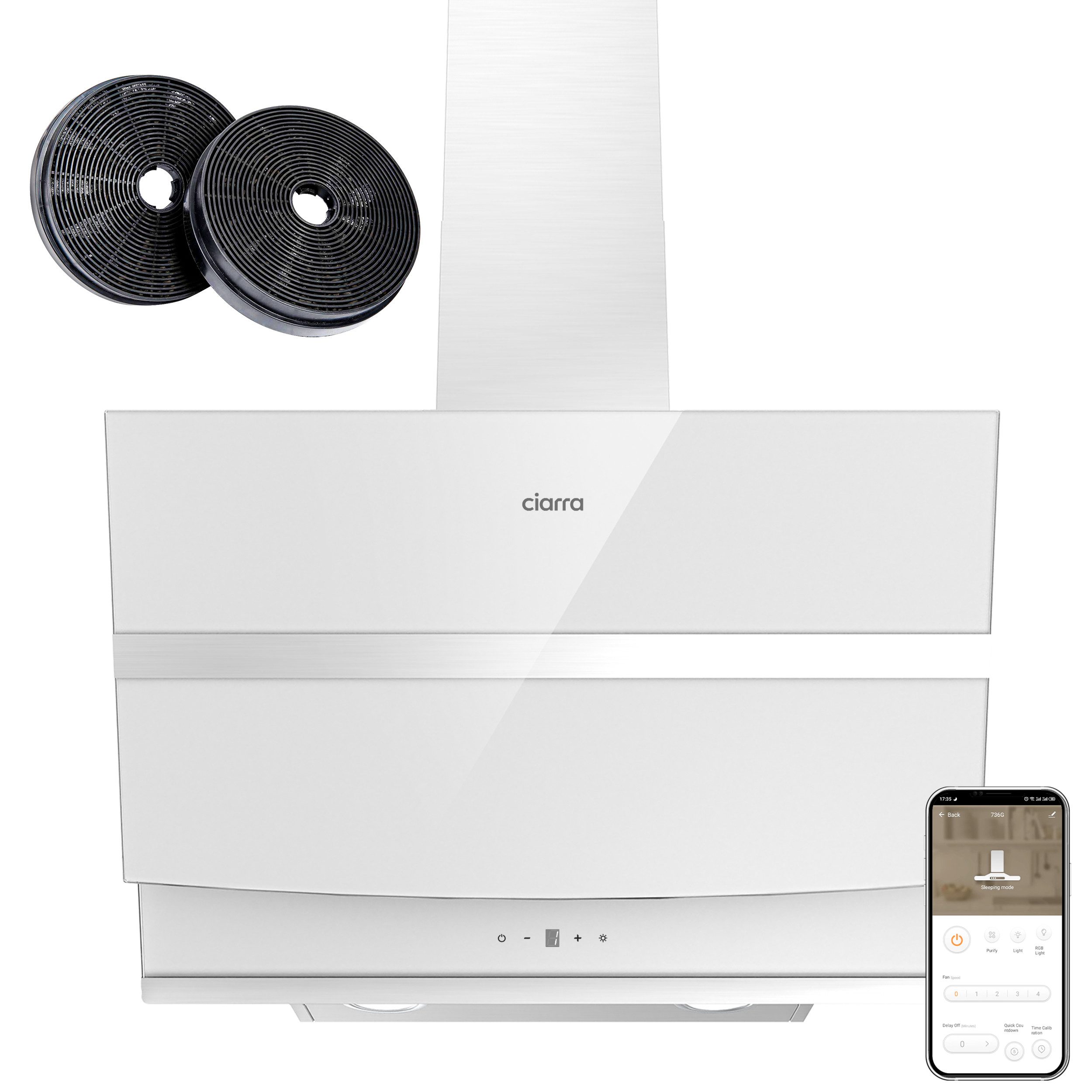 CIARRA Kopffreihaube 60 cm Dunstabzugshaube A+++ 692 m³/h Umluft & Abluft VM6736NW Serie 4 Stufen Inkl. BOOST Leise Schräghaube 5-Minuten-Nachlaufschaltung WIFI-APP Touch Control
