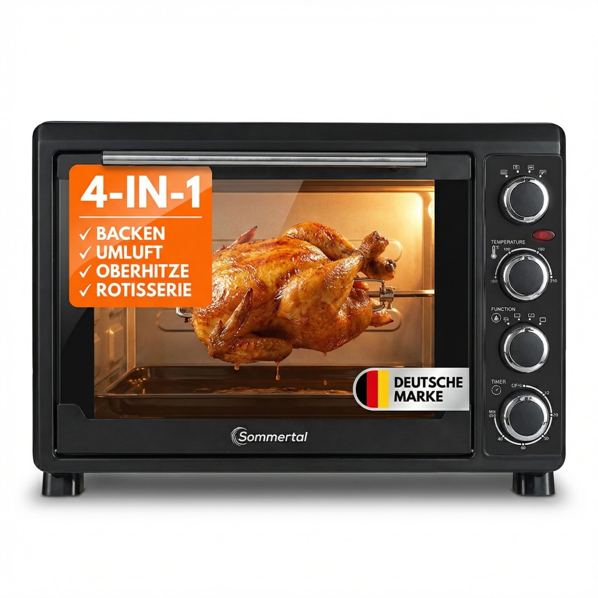 Sommertal Multiofen Sommertal Minibackofen 30 Liter mit Drehspieß & Umluft, 1500W, Hähnchengrill, Backen, Grillen & Pizza, Campingbackofen, inkl. Zubehör