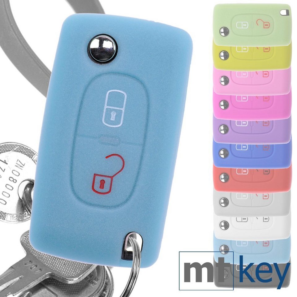 mt-key Schlüsseltasche Autoschlüssel Softcase Silikon Schutzhülle  fluoreszierend Blau, für Citroen Berlingo C2 C3 Peugeot 207 307 308 2  Tasten