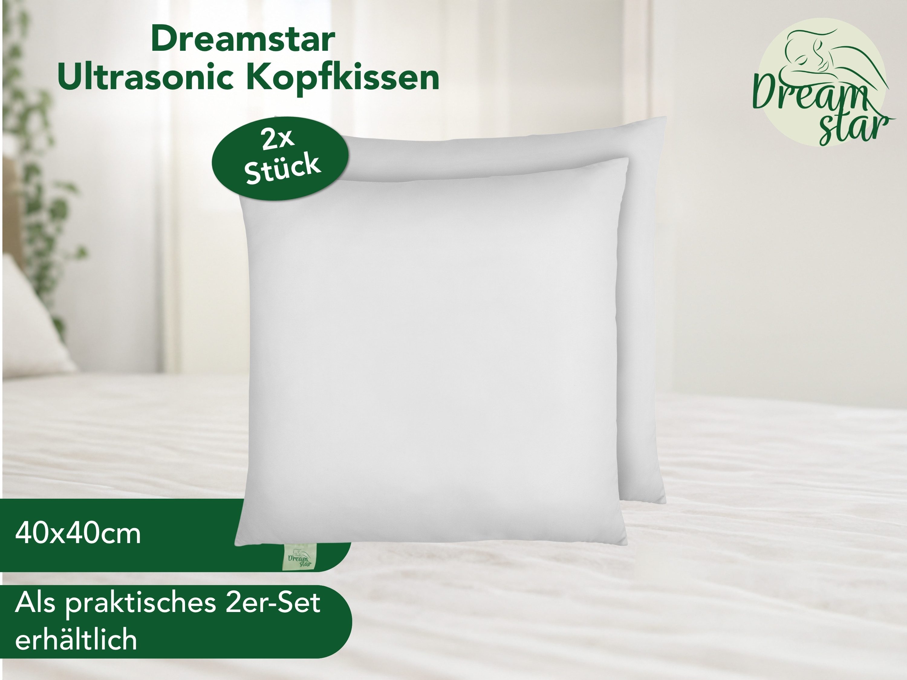Dreamstar Microfaserkissen Kopfkissen Dekokissen - einzeln, 2er & 4er Set - 80x80 & 40x80 cm, Füllung: Faserfüllung, Seitenschläfer, Rückenschläfer, Bauchschläfer, Set, 2-tlg., waschbar - allergikerfreundlich - entwickelt in Deutschland