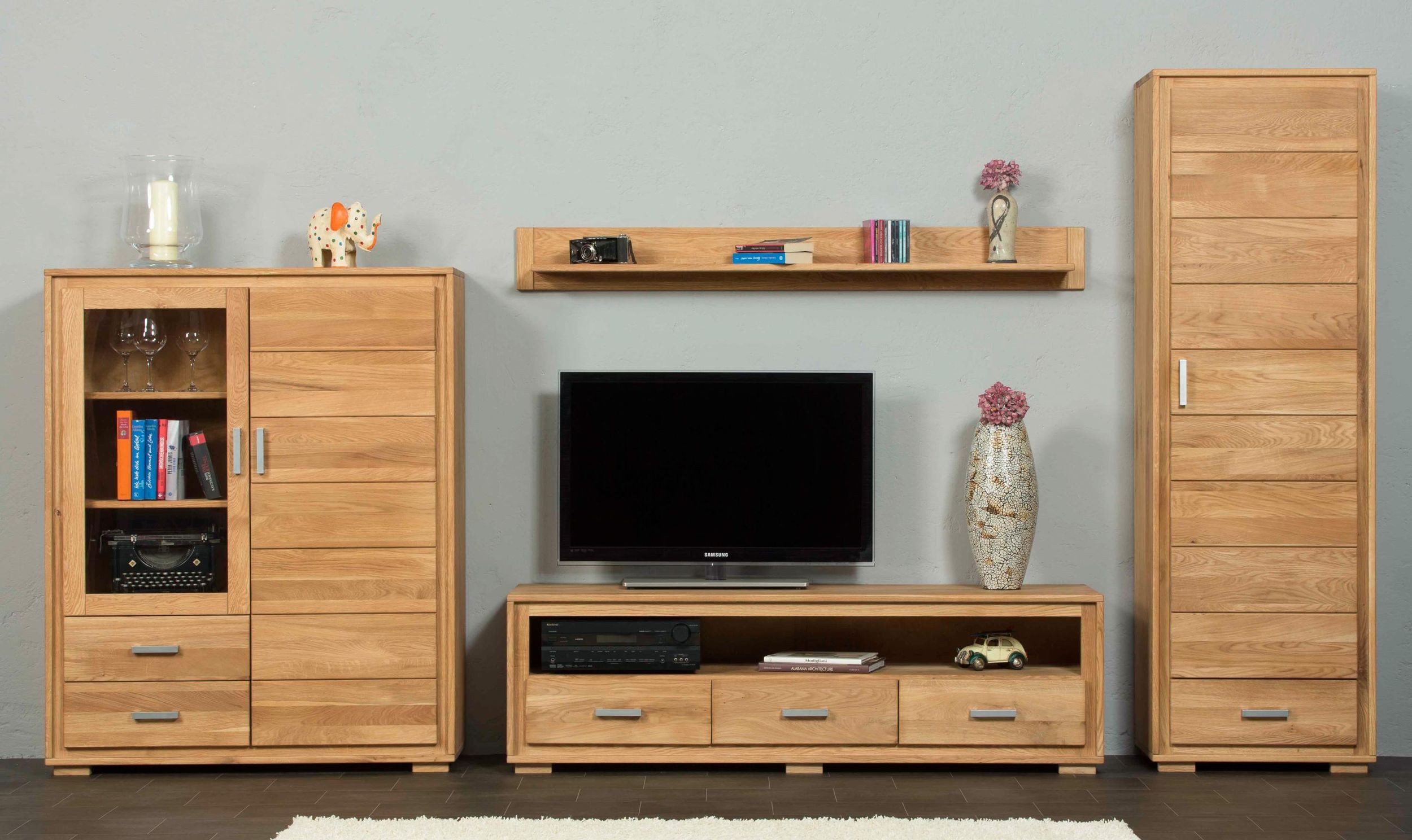 Trendmöbel24 Wohnwand Wohnzimmerschrank Basel Set VI 4-teilig Wildeiche Massivholz, (Komplett-Set, 4-St., Schrank, Lowboard, Highboard, Wandboard)