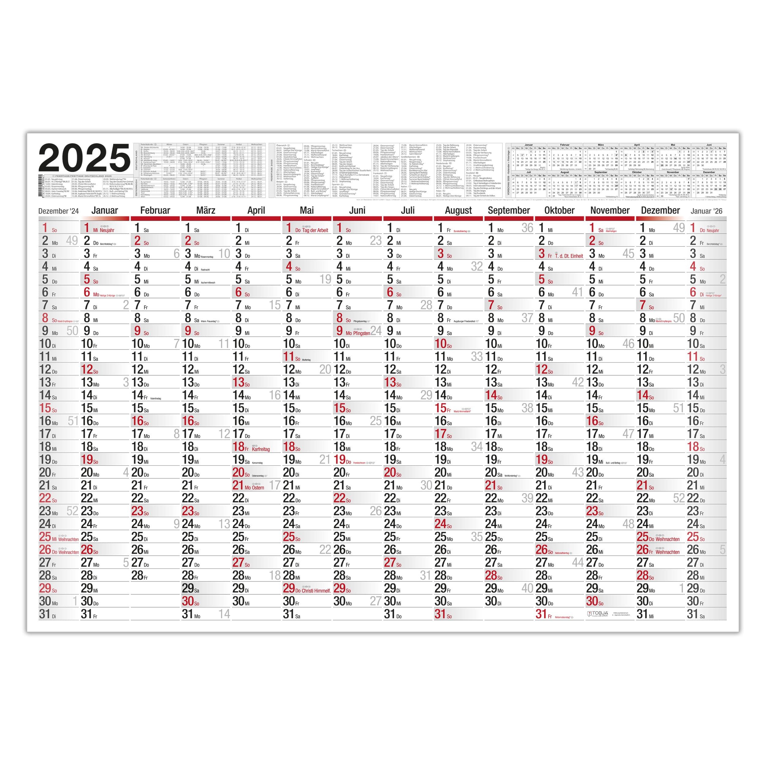 TOBJA Jahresplaner XXL Wandkalender 2025 100 x 70 cm gerollt, XXL Jahreskalender 2025 Bürokalender Planer