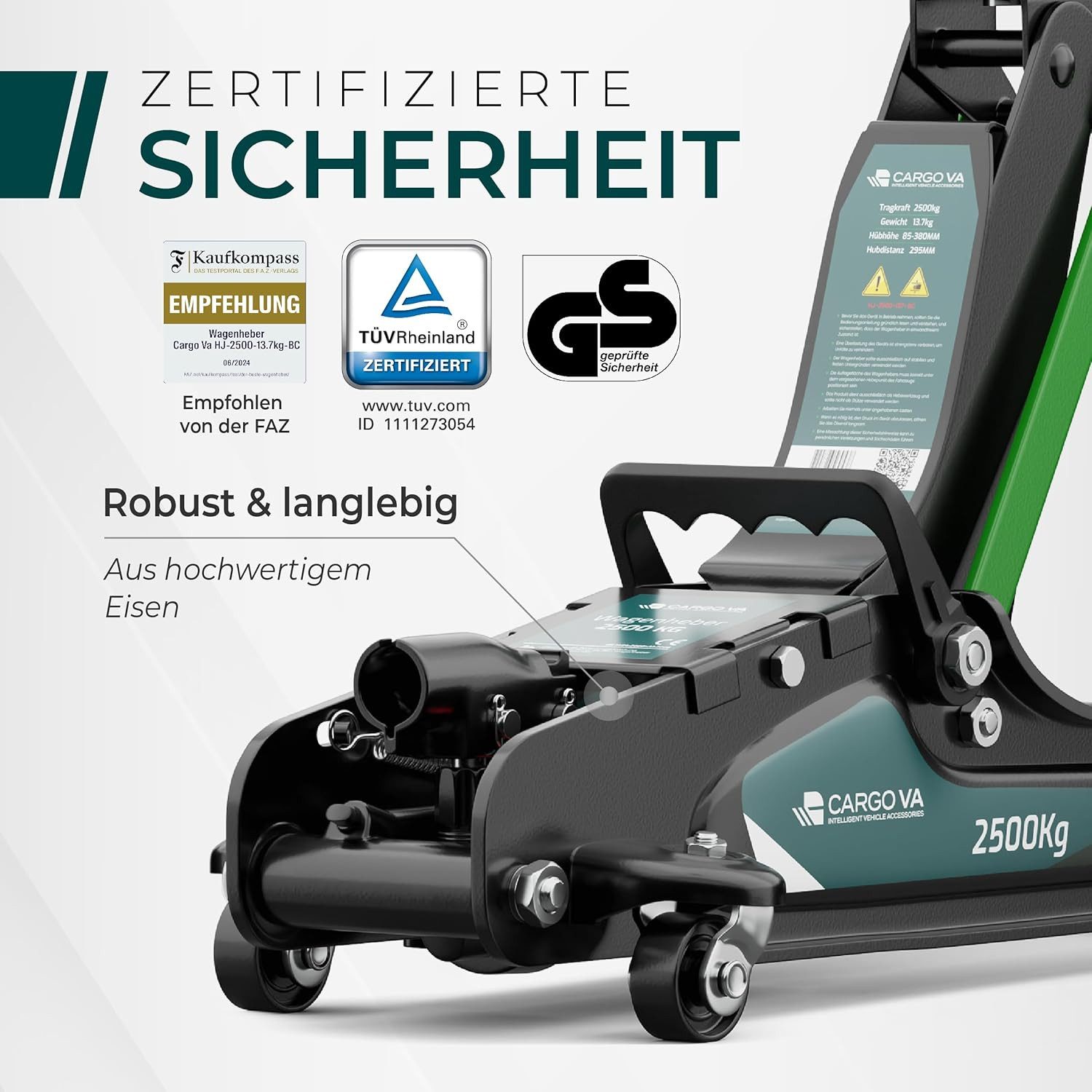 CargoVA® Hydraulic Trolley Jack 2.5T incl. 2 Rubber Pads, TÜV Certified, Max. Lifting Height: 38 cm, Jack Set, Jack Set incl. Rubber Pads, up to 2.5t; TÜV & GS Tested