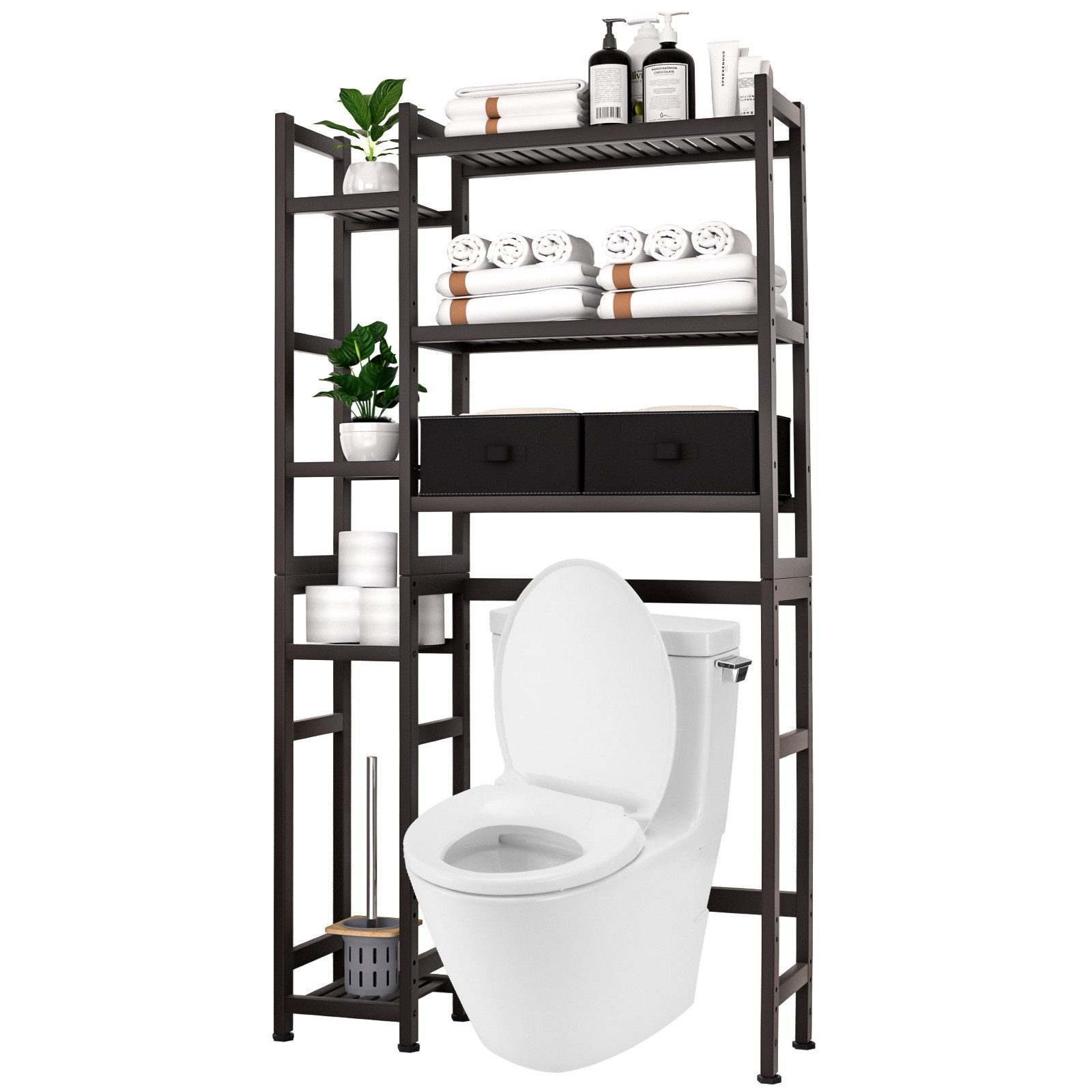 Yorbay Badregal Bambus Toilettenregal mit 7 Ebenen, 79x23,3x166 cm, Badezimmerregal mit 2 Aufbewahrungsboxen, Höhenverstellbar