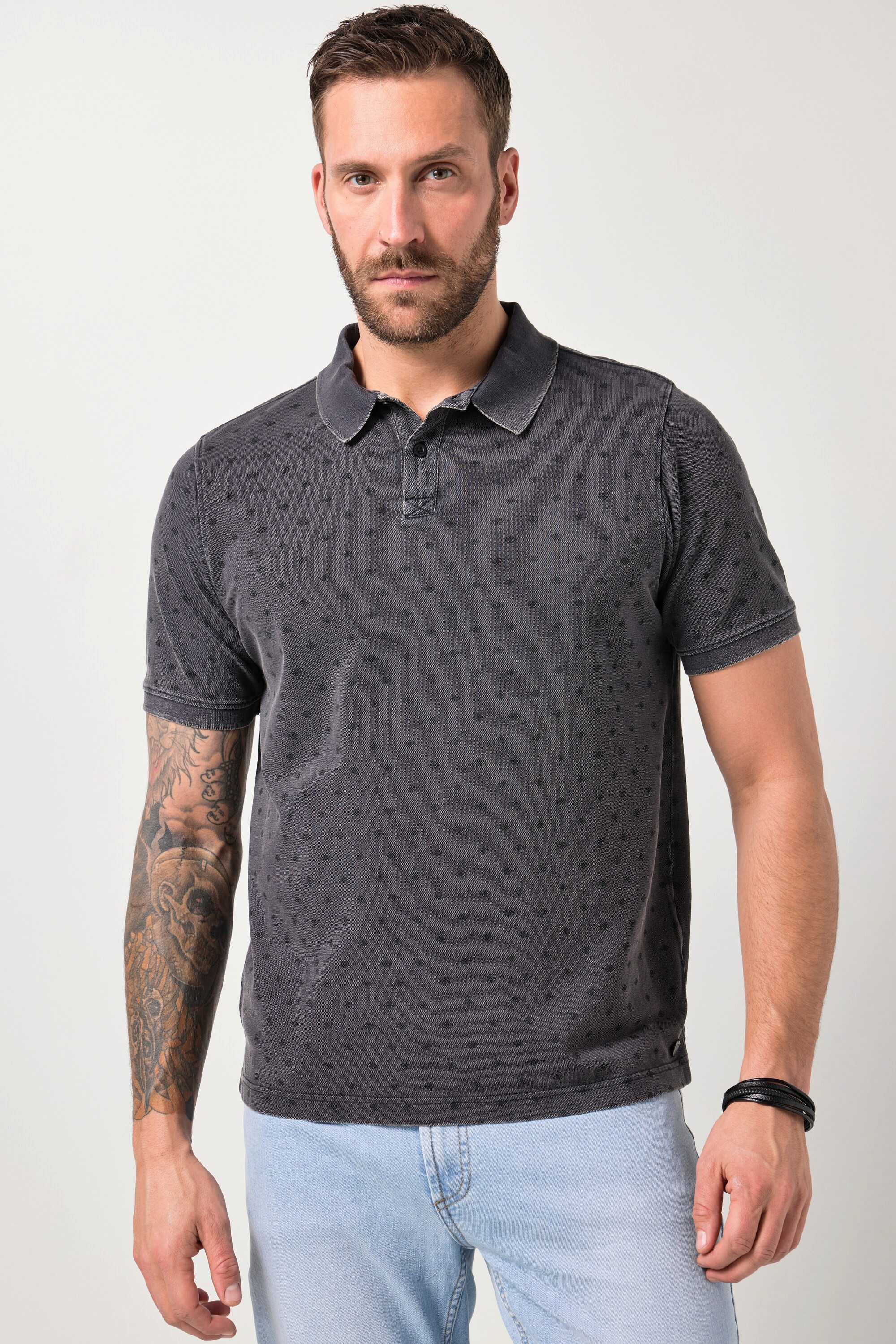 Poloshirt Poloshirt Halbarm Piqué Alloverdruck Vintage Look