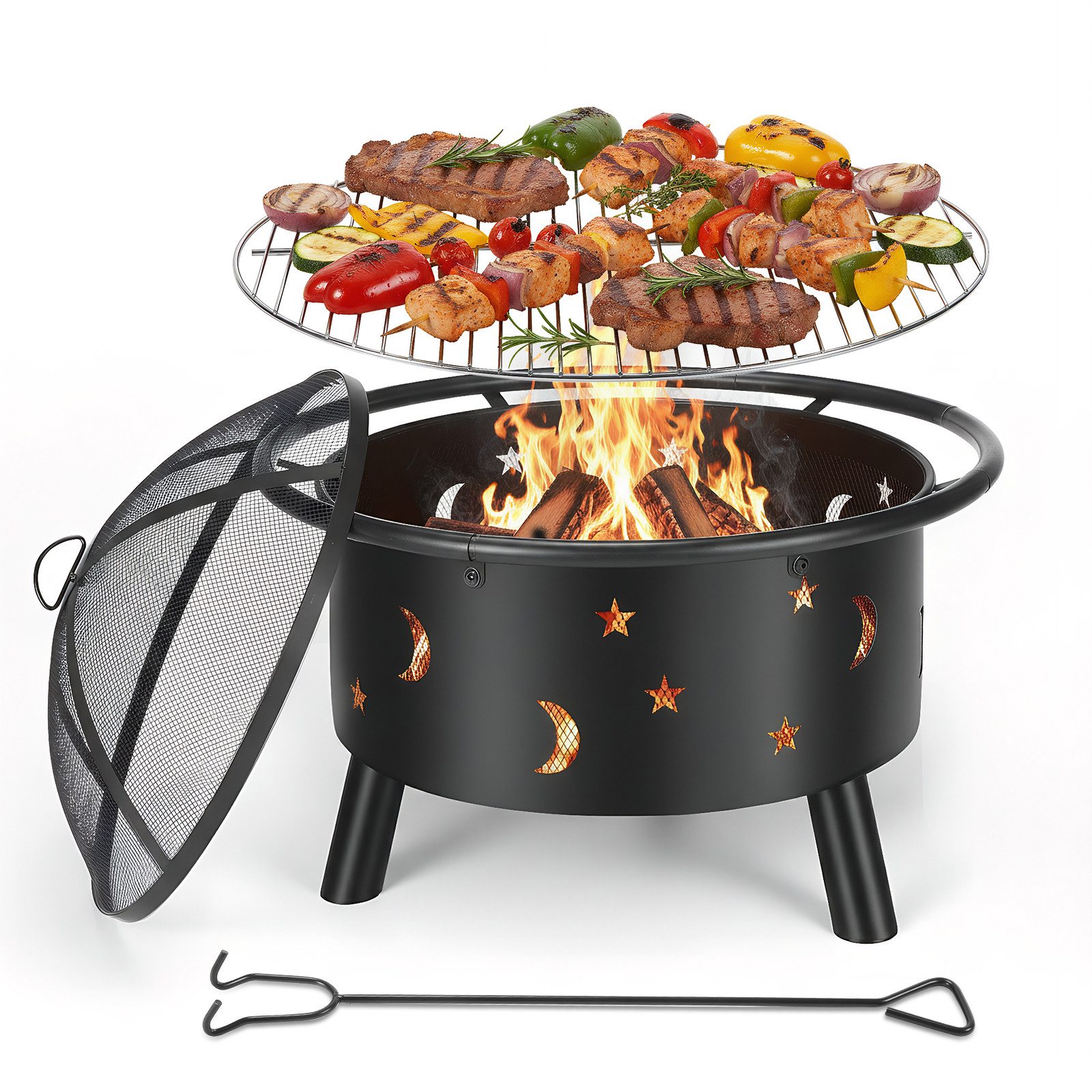 oyajia Feuerschale 73,5cm BBQ Feuerkorb Garten mit Grillrost, (2-in-1 Feuerschale Outdoor aus Stahl, Inkl. Funkenschutz & Zubehör), Tragbar für Camping, Terrasse, Gartenparty & Lagerfeuer
