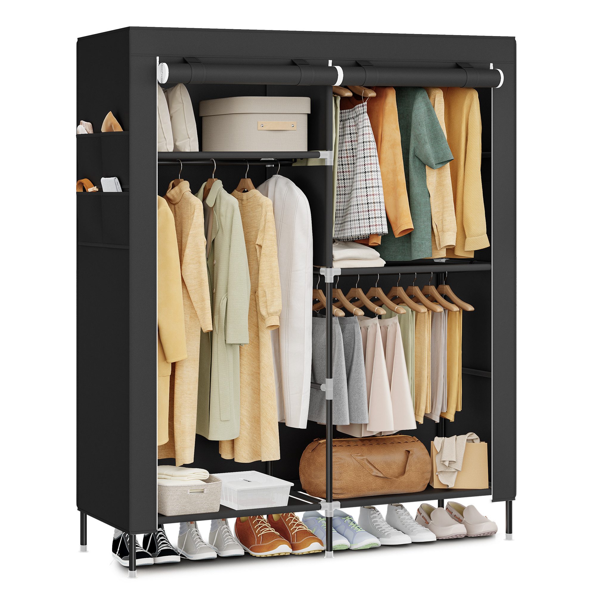 SONGMICS Kleiderschrank Stoffschrank, 3 / 4 Hängefächer, mit Ablagen, Seitentaschen