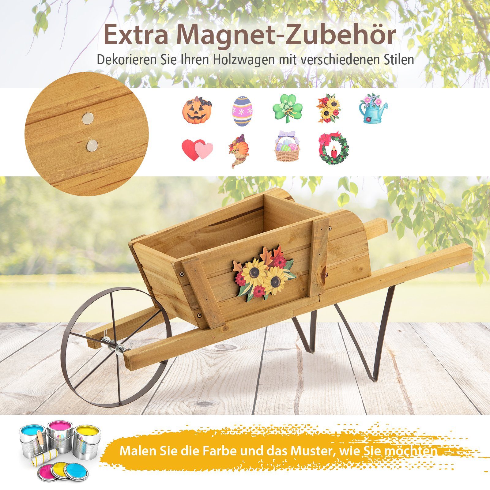 COSTWAY Blumenständer, mit 9 magnetischen Zubehörteilen & 2 Griffen, Walnuss